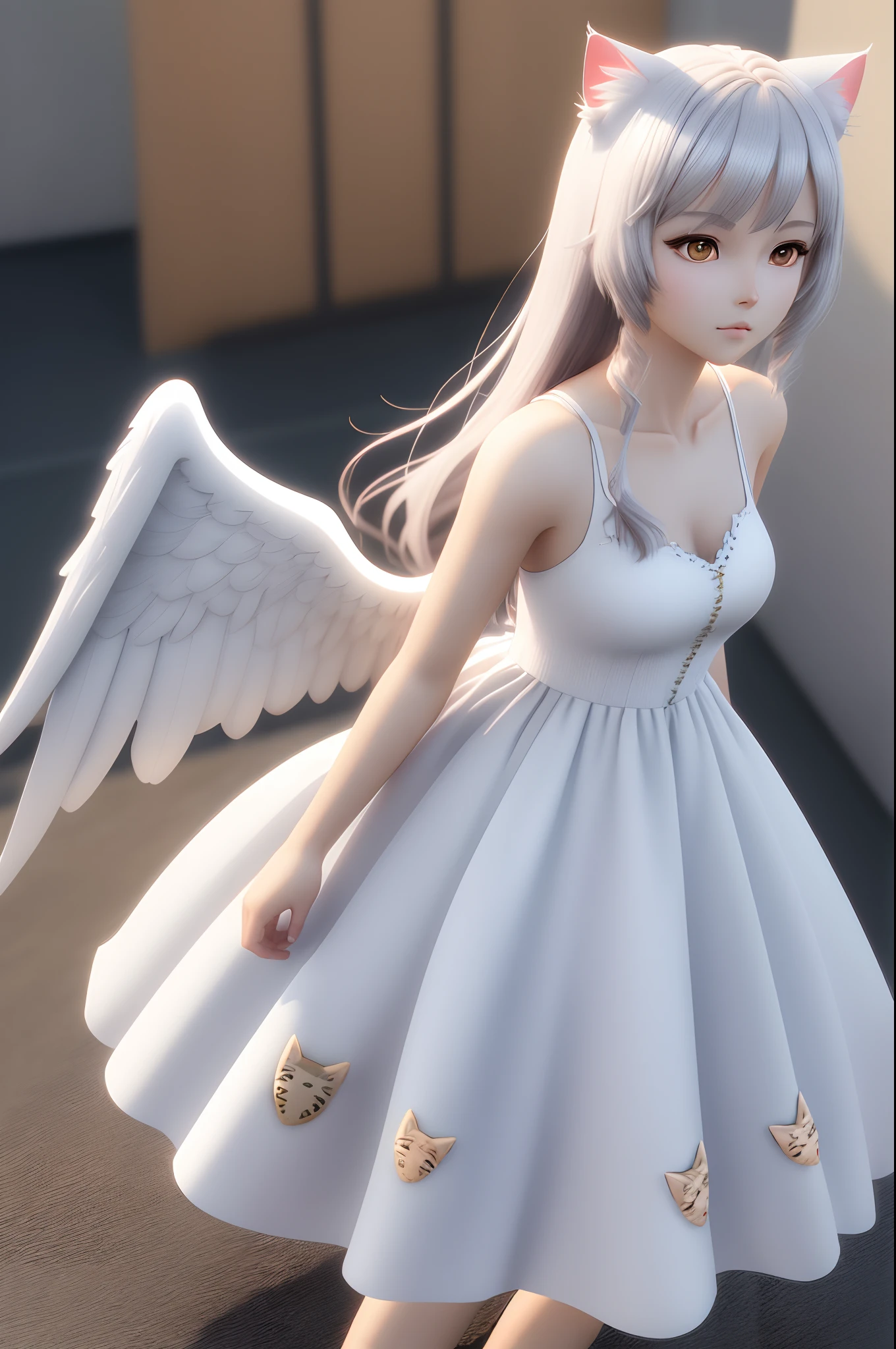 anime girl with angel wings and a white dress, guweiz, very beautiful anime cat girl, beautiful anime catgirl, anime girl with cat ears, beautiful anime girl, anime goddess, anime girl in real life, white cat girl, of an beautiful angel girl, realistic anime 3 d style, very beautiful cute catgirl, 3 d anime realistic