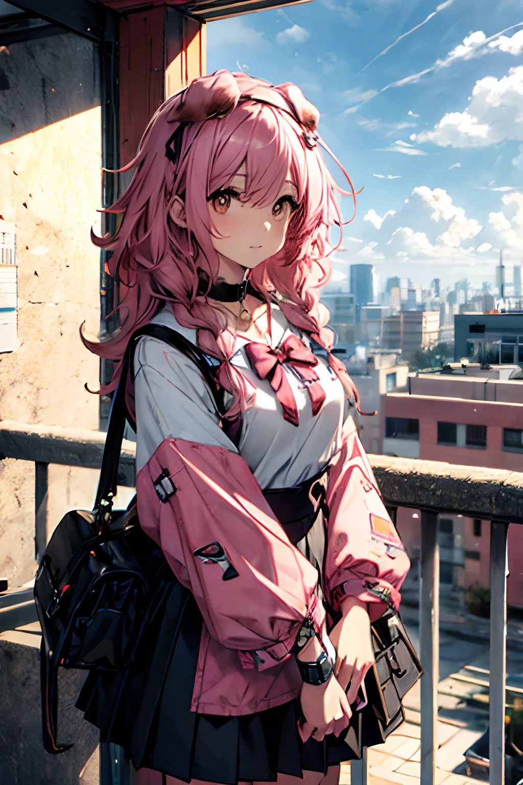 Best quality at best，tmasterpiece，1girll，Pink hair，messy  hair，curly_hair，The shirt，a skirt，Kawai，JK，red_bow，Wrist watch，choker necklace，view over city，8K original photos，超高分辨率，highest details，复杂，8k，HDR