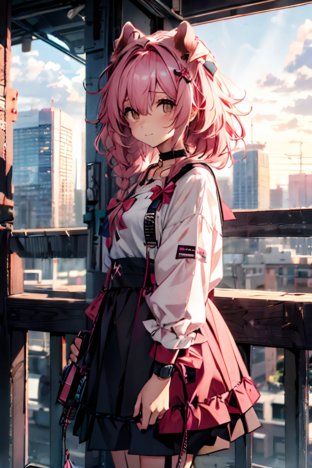 Best quality at best，tmasterpiece，1girll，Pink hair，messy  hair，curly_hair，The shirt，a skirt，Kawai，JK，red_bow，Wrist watch，choker necklace，view over city，8K original photos，超高分辨率，highest details，复杂，8k，HDR