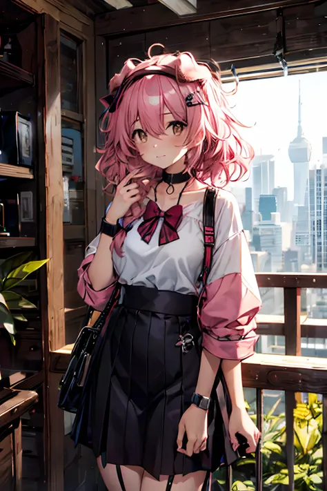 best quality at best，tmasterpiece，1girll，pink hair，messy  hair，curly_hair，the shirt，a skirt，kawai，jk，red_bow，wrist watch，choker ...