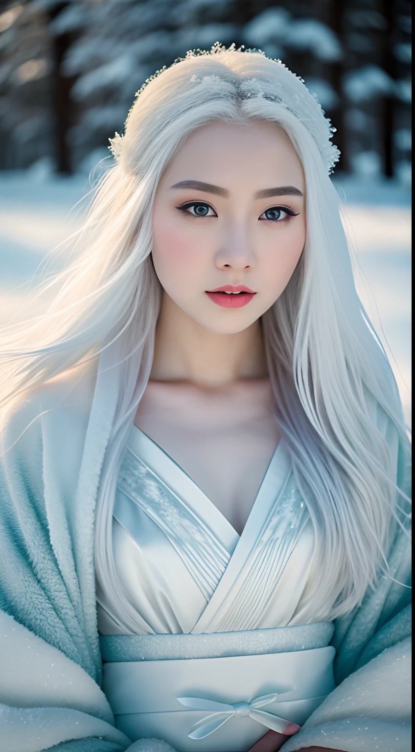 Yuki-onna, snow spirit, icy blue eyes, white flowing hair, pale skin mirroring frosty landscapes, ethereal form, white kimono blending with snow, backdrop of silent snowy expanse under soft moonlight. Photography, Fujifilm GFX 50R with a 110mm f/2 lens