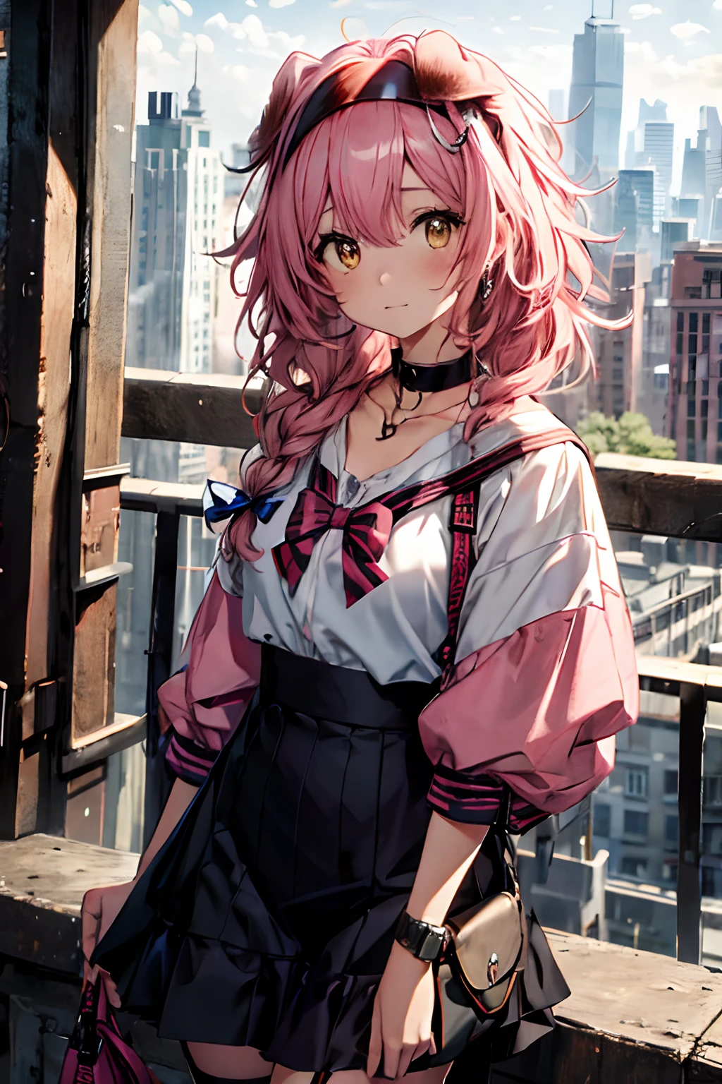 Best quality at best，tmasterpiece，1girll，Pink hair，messy  hair，curly_hair，The shirt，a skirt，Kawai，JK，red_bow，Wrist watch，choker necklace，view over city，8K original photos，超高分辨率，highest details，复杂，8k，HDR