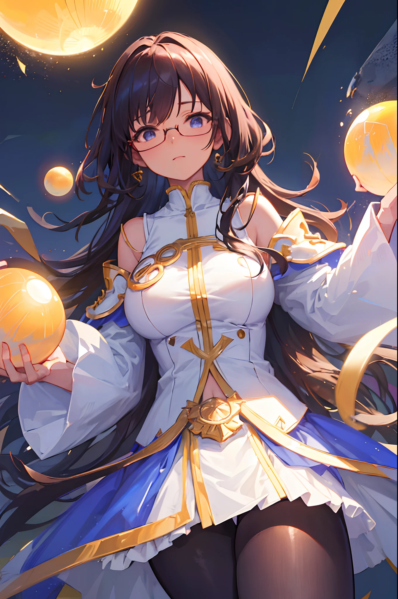 (best quality, 4k, highres, masterpiece:1.2), ultra-detailed, realistic, anime, studio lighting, physically-based rendering, shiny glasses lenses, sharp focus, vivid colors, bokeh, short dark hair, dark skin, huge breasts, closed-mouth expression, wearing ultra mini clothes, show off her body, a lot of bar skin, one girl levitating, giant glowing orb held with both hands, two smaller glowing spheres orbiting around her.