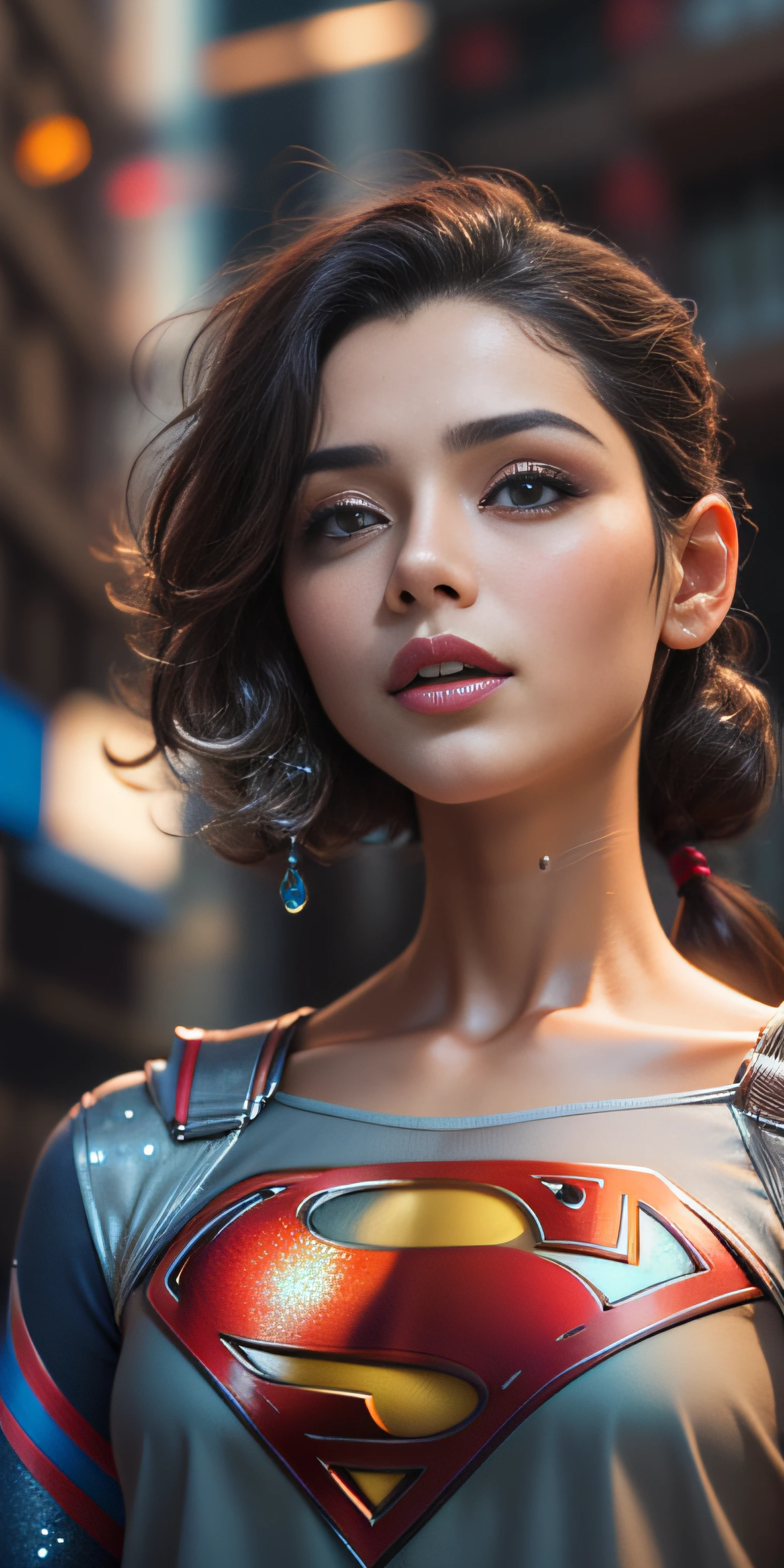 Anime style, (superman girl), insanely beautiful Alina Gorokhova portrait photo, 21 years old, full body, top angle, body curves, navel, miniskirt, smooth creamy skin, beautiful maroon eyes, Beautiful facial details, ((Manhattan background) )), low angle medium shot, greedy and attractive, amazingly euphoric gorgeous, vivid emotion, peach fluff, symmetrical circular iris, natural Glitter makeup, detailed moisture, detailed droplets, detailed intricate hair strands, DSLR, reflected in raytraced, Pino Deni, Larry's Bud Melmann, symmetrical face and body, CGsociety, Gottfried Hernwein and Irakli Nadal, eye reflections, focus, Unreal Engine 5, VFX, film photography, extreme detail, Ultra HD, post-processing, post-production, single face, Tanvir Tamim, ultra-realistic photography, Shot with Hasselblad X1D-50c, ISO 100