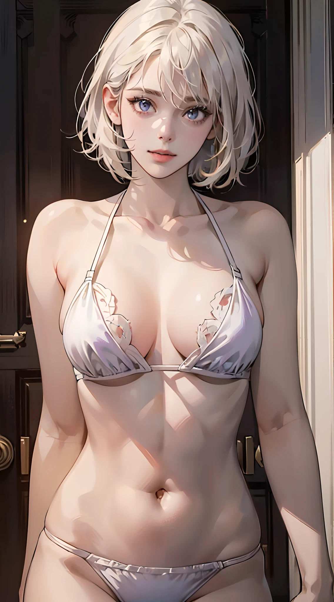 ((((masterpiece, best quality, high resolution)))), Extremely detailed 8K, Beautiful girl with sexy body,,Ultra HD, Ultra-detailed, Highly detailed, Highly realistic, Ultra-realistic, photograph realistic), (1girll:1.5), (Realistic white hair), short wavy hair, bob cut, (dynamicposes), facing at camera, light smile, parted lips, purple eyes, average breasts, (beautiful detailed face, beautiful detailed eyes), bikini