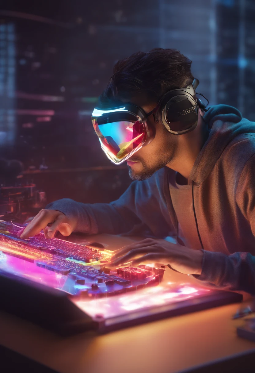 futuristic computer user interface, intense hacker man sitting in front his hologram computer, floating infographic hologram, glowing holographic neural network, data network flowing, bokeh, bloom, bioluminescentdynamic pose, sci-fi goggles, earphone, Sony Alpha ILCE α6400 + 35mm STM Lens, hyperrealistic photography, wide shot, , style of unsplash and National Geographic, Movie Still, EpicSky,