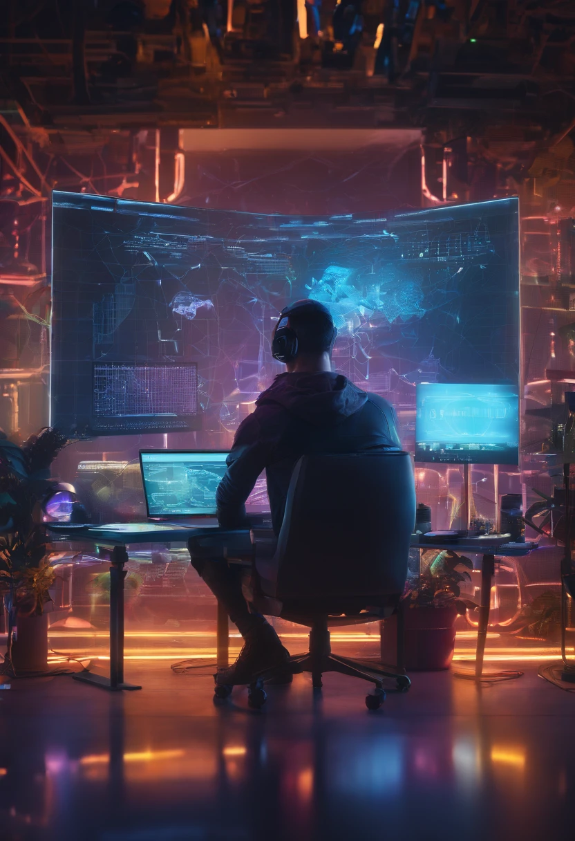 futuristic computer user interface, intense hacker man sitting in front his hologram computer, floating infographic hologram, glowing holographic neural network, data network flowing, bokeh, bloom, bioluminescentdynamic pose, sci-fi goggles, earphone, Sony Alpha ILCE α6400 + 35mm STM Lens, hyperrealistic photography, wide shot, , style of unsplash and National Geographic, Movie Still, EpicSky,