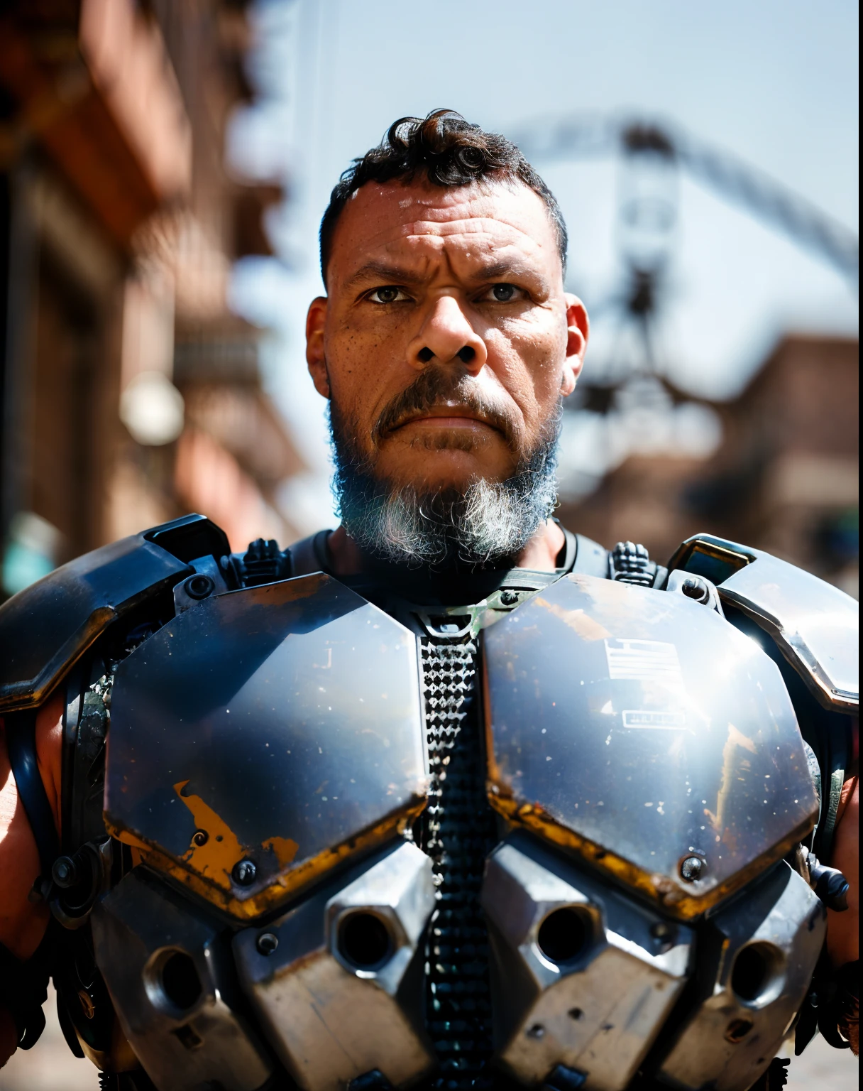 guttonerdvision10, Portrait photo of muscular bearded guy in a worn mech suit, ((light bokeh)), intricate, (steel metal [rust]), elegant, sharp focus, photo by greg rutkowski, soft lighting, vibrant colors, (masterpiece), ((streets)), (detailed face)+