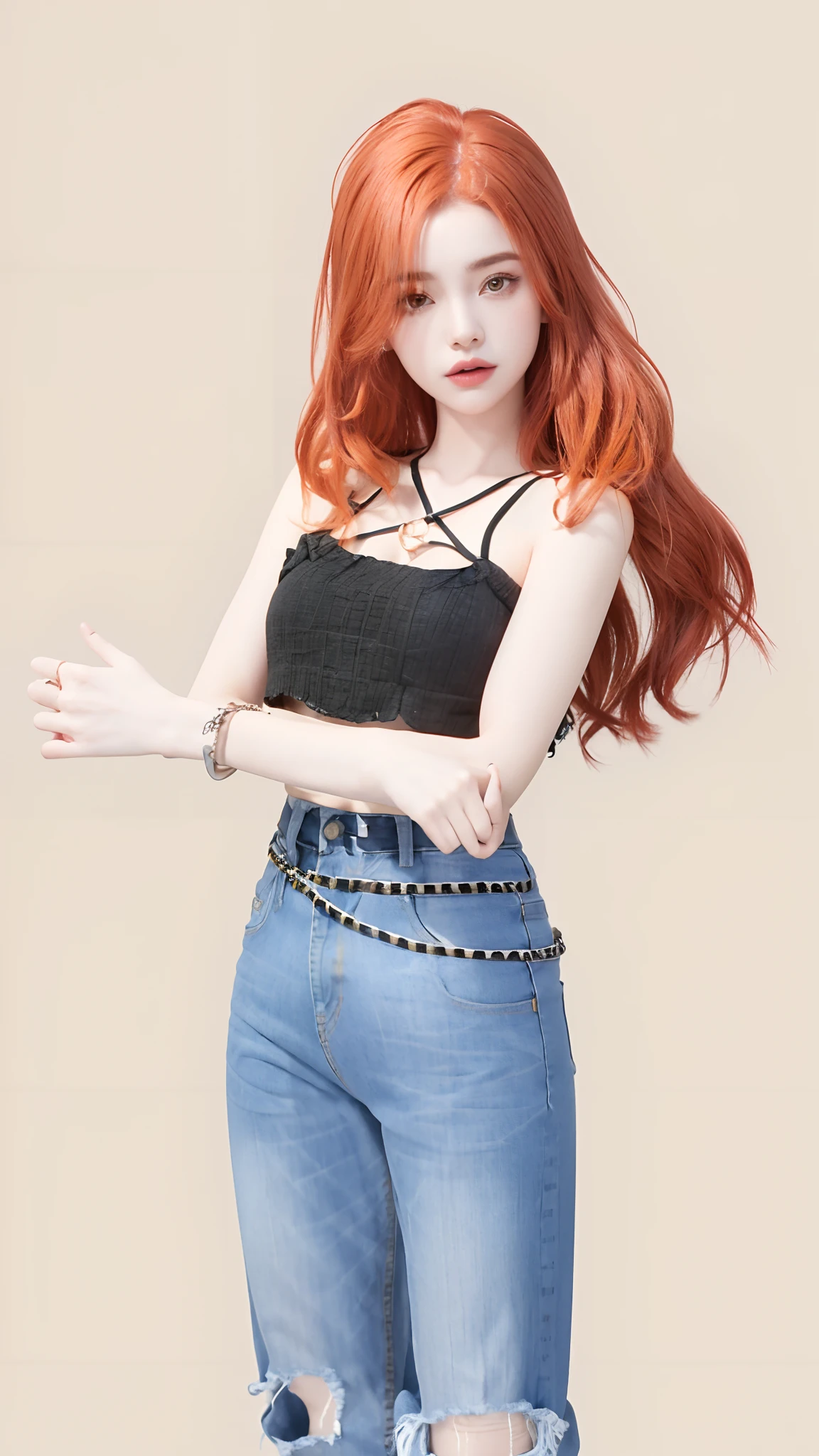 There is a 3D image of a woman with red hair, roupa leeloo, cabelos vermelhos da cintura longa, ( ( ( wearing jeans ) ) ), kawaii shirt and jeans, tinyest midriff ever, inspirado em Sim Sa-jeong, adolescente hiperrealista, corpo inteiro:: tempo ensolarado::, IMVU, Avatar do Second Life, 3 / 4 pose