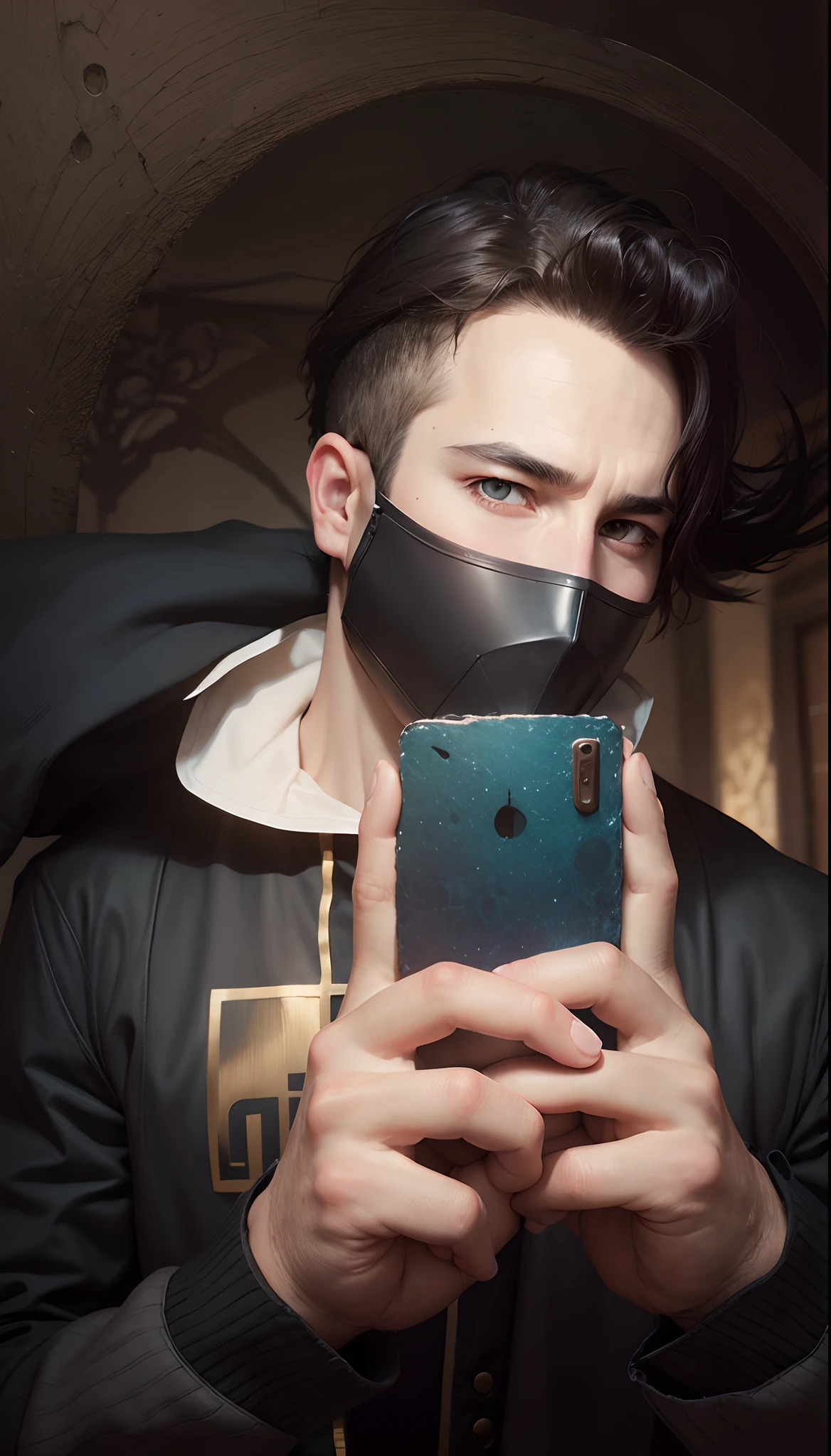 arafed man with a black shirt and a black bandana looking at a cell phone, wearing all black mempo mask, face covered, wearing bandit mask, dark visor covering top of face, black turtleneck, profile shot, face is wrapped in a black scarf, black turtle neck shirt, dark visor covering face, an edgy teen assassin, very very low quality picture