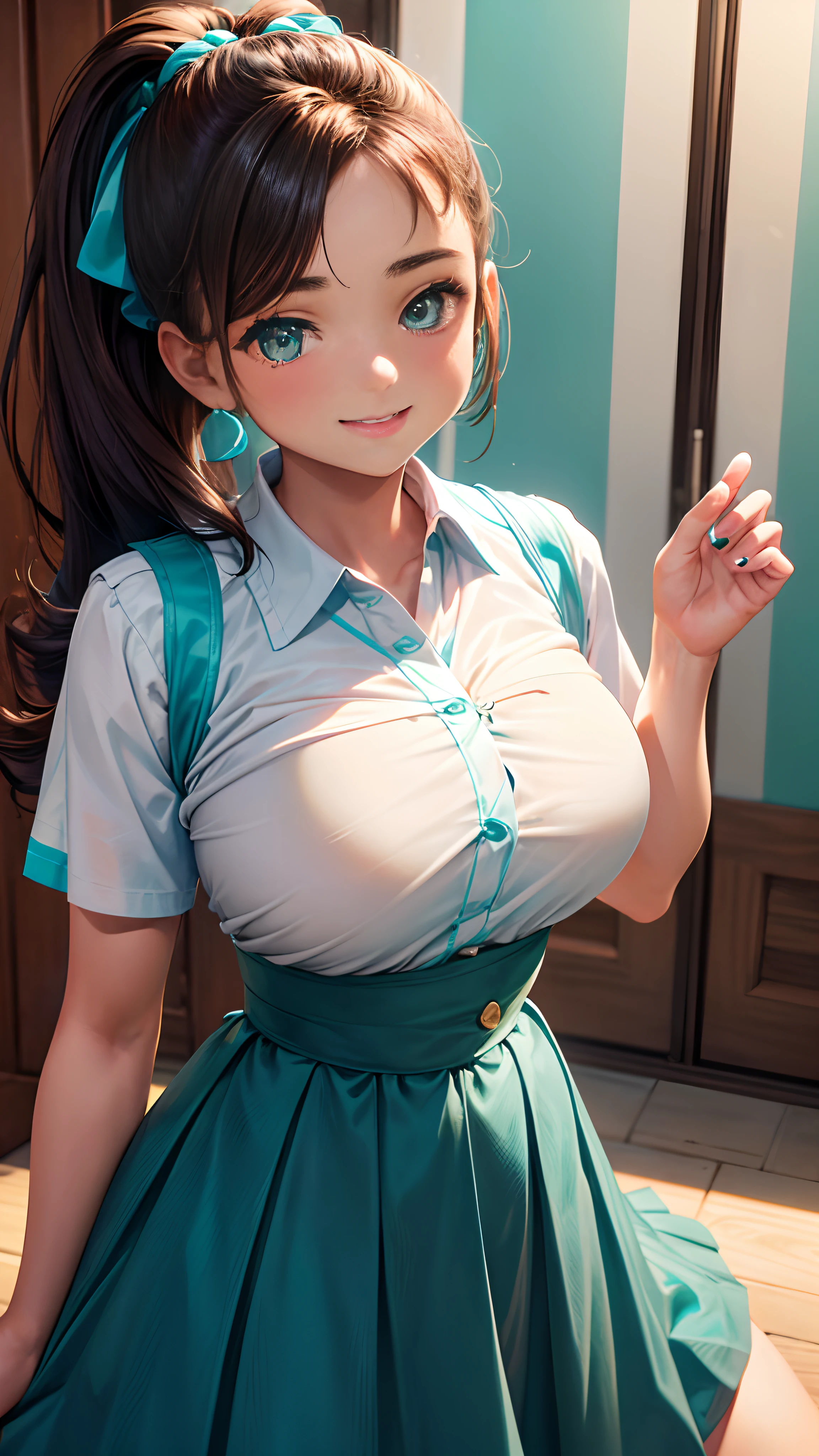 1womanl,12year old,Brown hair,Beautiful ponytail hairstyle, (Teal High Waist Skirt:1.3),, (whiteshirt:1.3), (double-breasted,Underbust:1.2), Short sleeves, buttonGap, (Tee Thai:1.2),A smile,