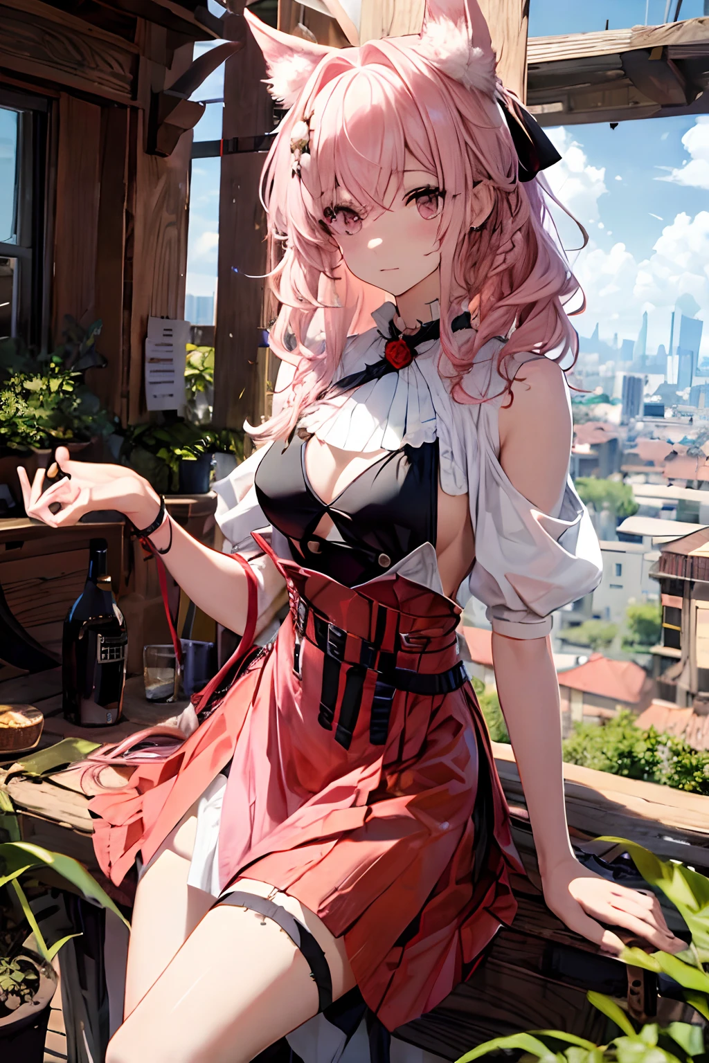 Best quality at best,tmasterpiece,1girll,Pink hair,messy hair,curly_Hair,The shirt,a skirt,kawai,JK,Red_bow,Wrist watch,choker necklace,view over city,8K original photos,超高分辨率,highest details,复杂,8K,hdr