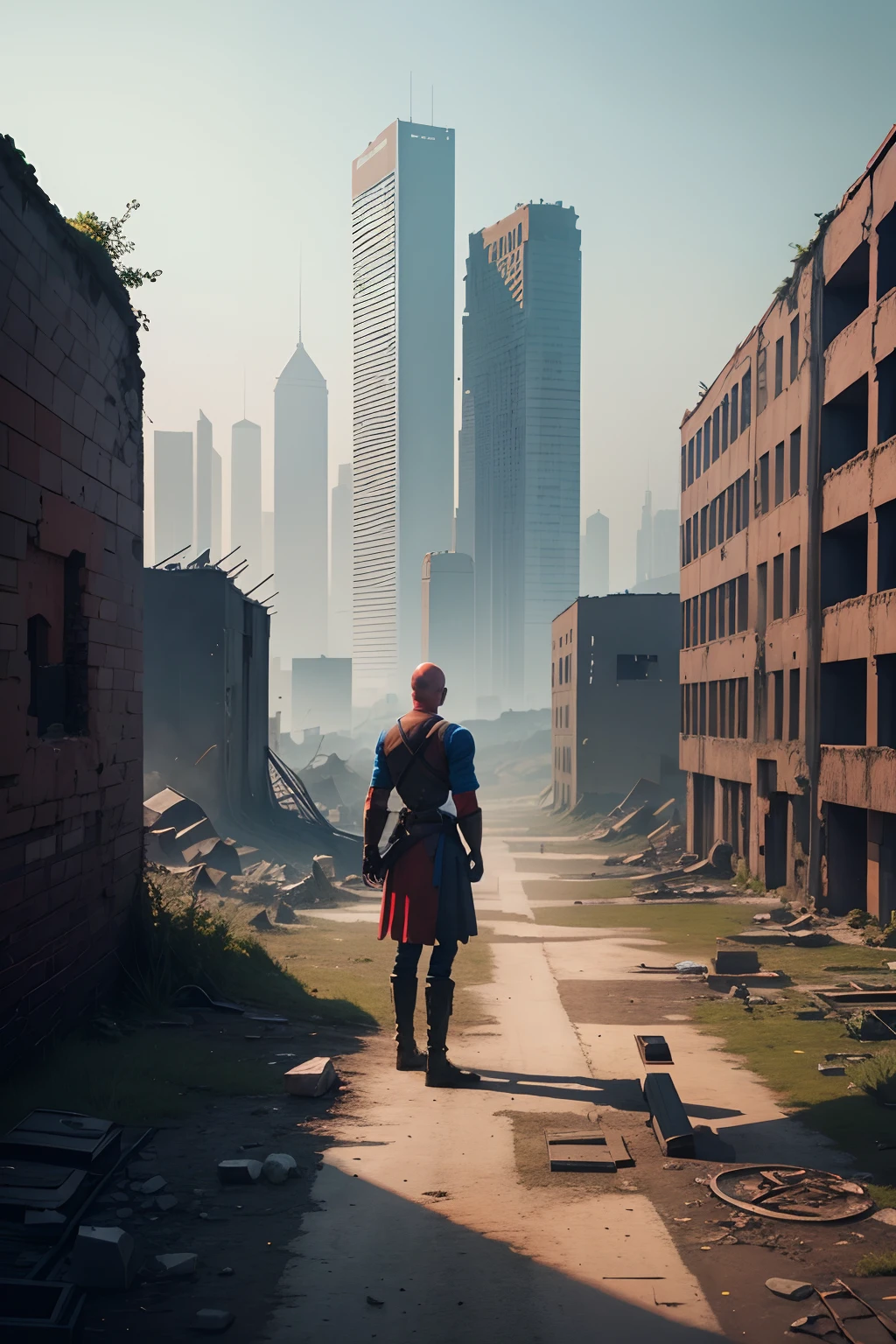 Create a landscape of a ruined modern city,full of red and blue little monsters,A bald blacksmith standing there watching them.
