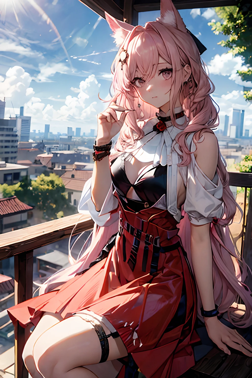 Best quality at best,tmasterpiece,1girll,Pink hair,messy hair,curly_Hair,The shirt,a skirt,kawai,JK,Red_bow,Wrist watch,choker necklace,view over city,8K original photos,超高分辨率,highest details,复杂,8K,hdr