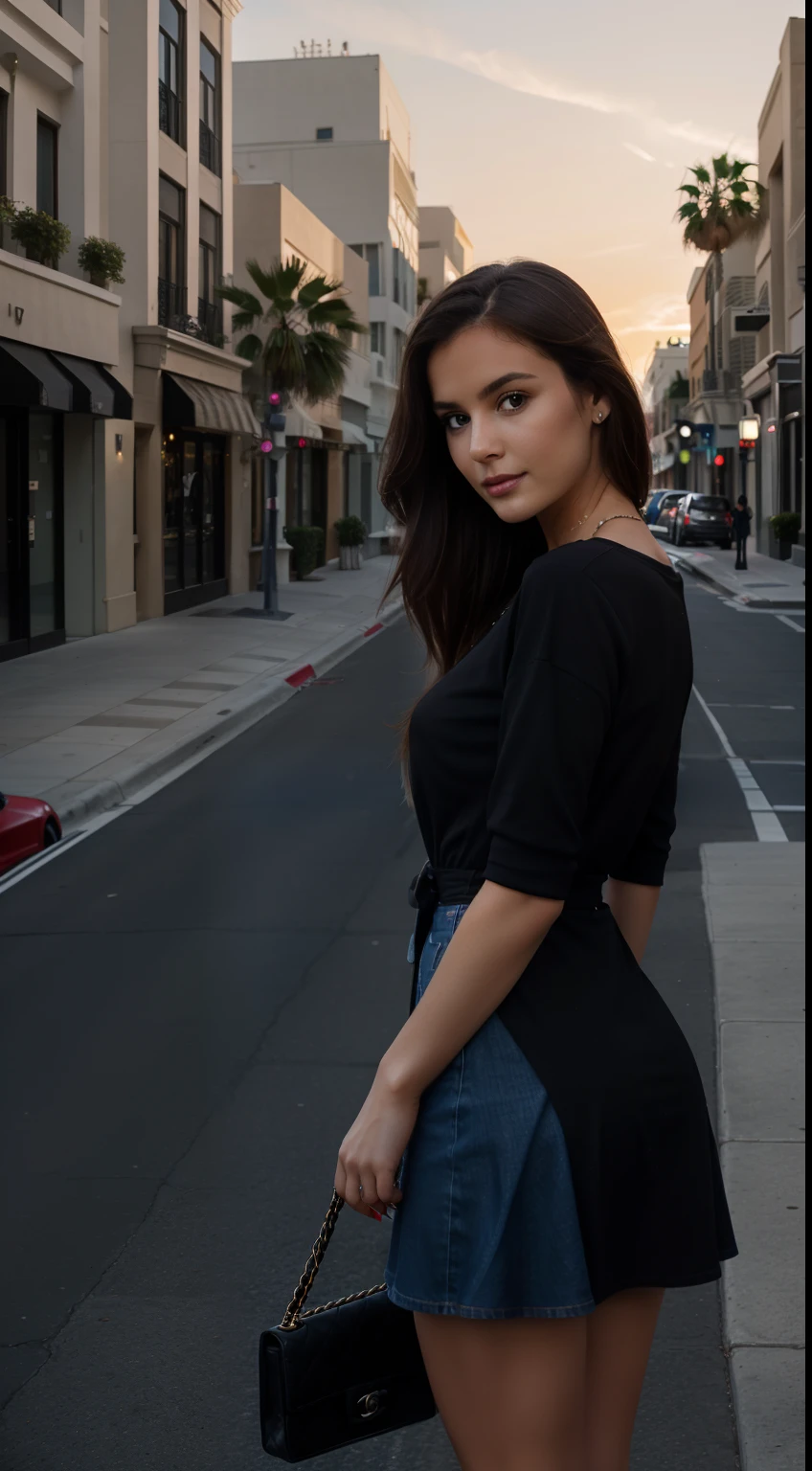 hyper realistic photograph, cute girl, 30 years old, blond har, jeans, 64k, masterpiece, sharp photo, looking at the viewer, dark brown hair, holding a Chanel bag, wearing tight shirt, Rodeo Drive street behind her, Beverly Hills behind, dark brown medium hair, perfect body, model looking, realistic photo of a girl, wearing little black dress, dark outside, right after sunset