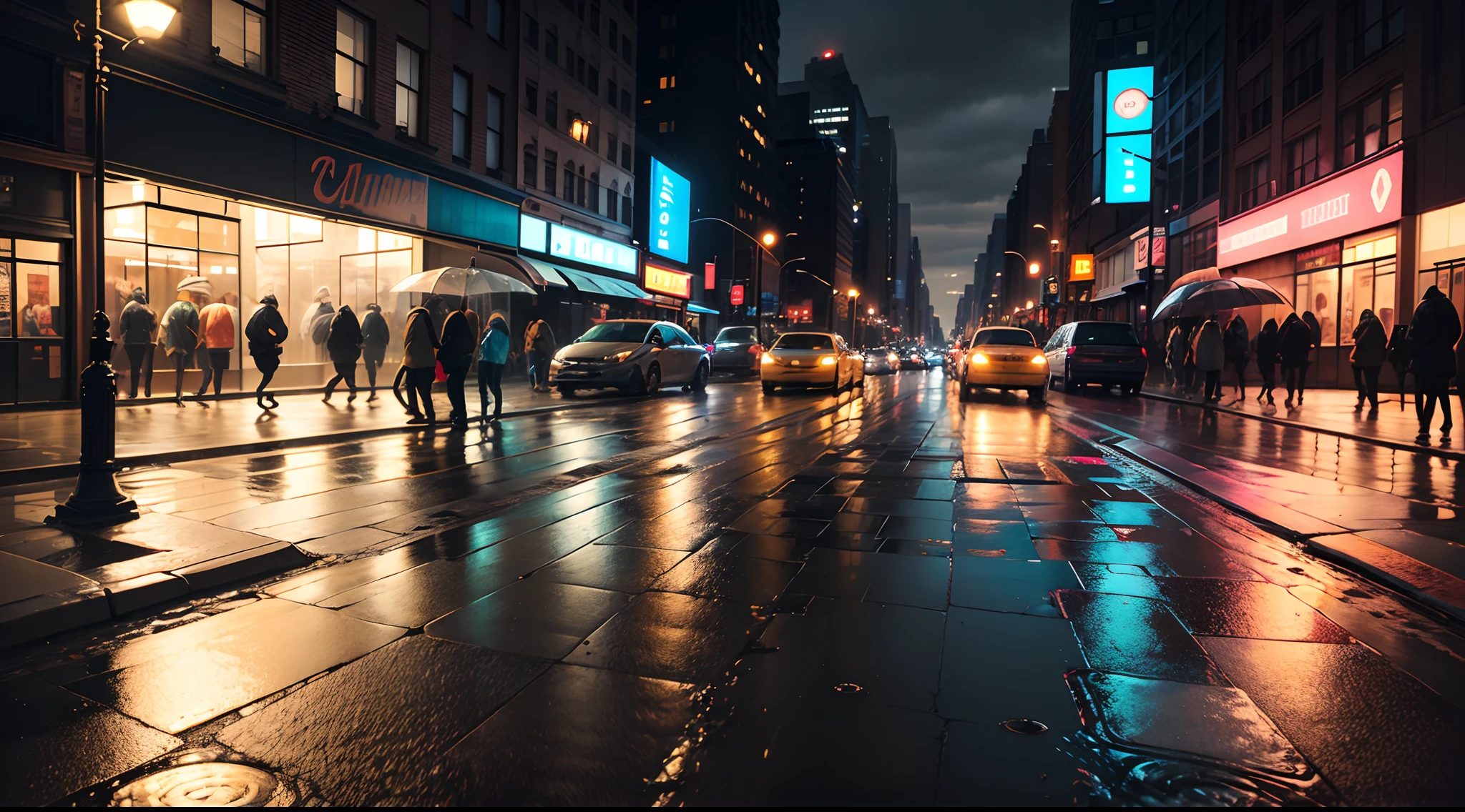 street photograph of a rainy night in New York, reflections on wet pavement