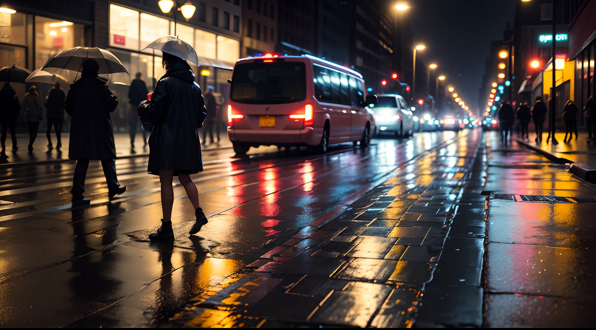 street photograph of a rainy night in New York, reflections on wet pavement