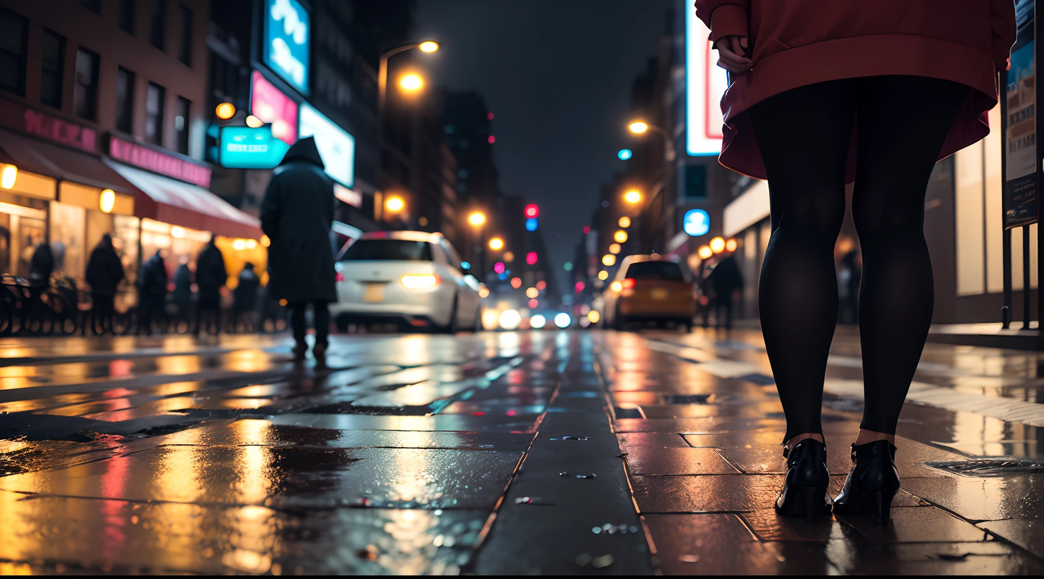 street photograph of a rainy night in New York, reflections on wet pavement