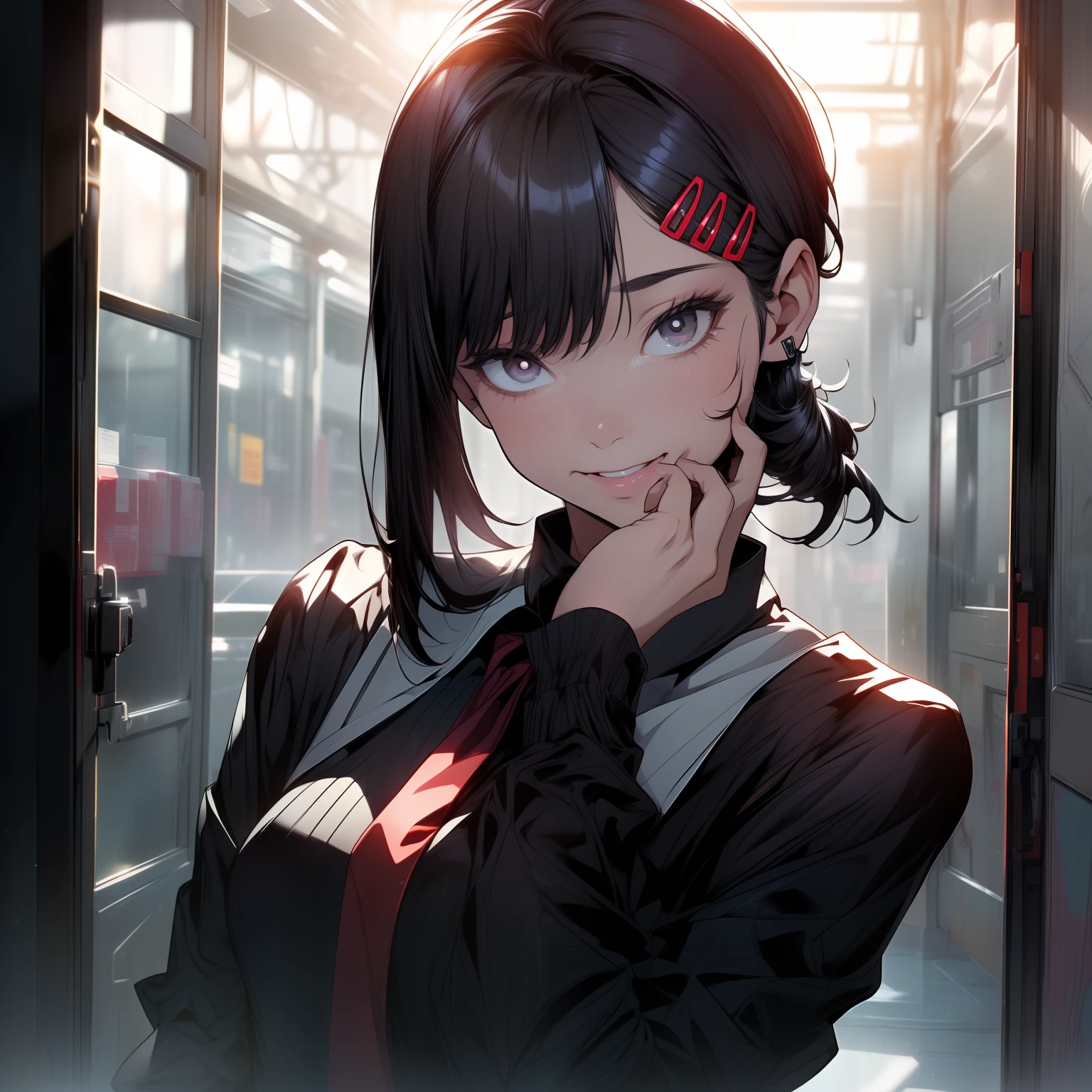 tmasterpiece,best qualtiy,ultra - detailed,illustratio,epic lighting,cinematic compositions,isometry,1girll,ssmile,Redlip,独奏,adolable,Black eyes,Black color hair,By bangs,red hair clips,blouse with a white collar,black necktie,Black pantsuit,Professional Dress,captivating posture,inside in room,office room,Open the door,looking at viewert,peeking out upper body,Be red in the face,seduct smile,Shut your mouth,(8K:1.1),