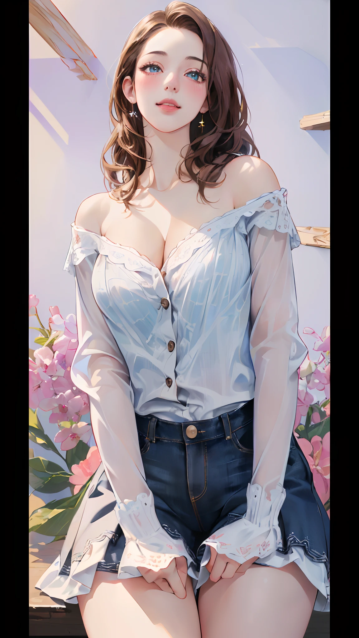 ((((masterpiece, best quality, high resolution)))), Extremely detailed 8K, Beautiful girl with slender body, (Ultra HD, Ultra-detailed, Highly detailed, Highly realistic, Ultra-realistic, photograph realistic), (1girl:1.5), (dynamic poses), facing at camera, light smile, average breasts, cleavage, blush, (beautiful detailed face, beautiful detailed eyes), dark hair, short wavy hair,