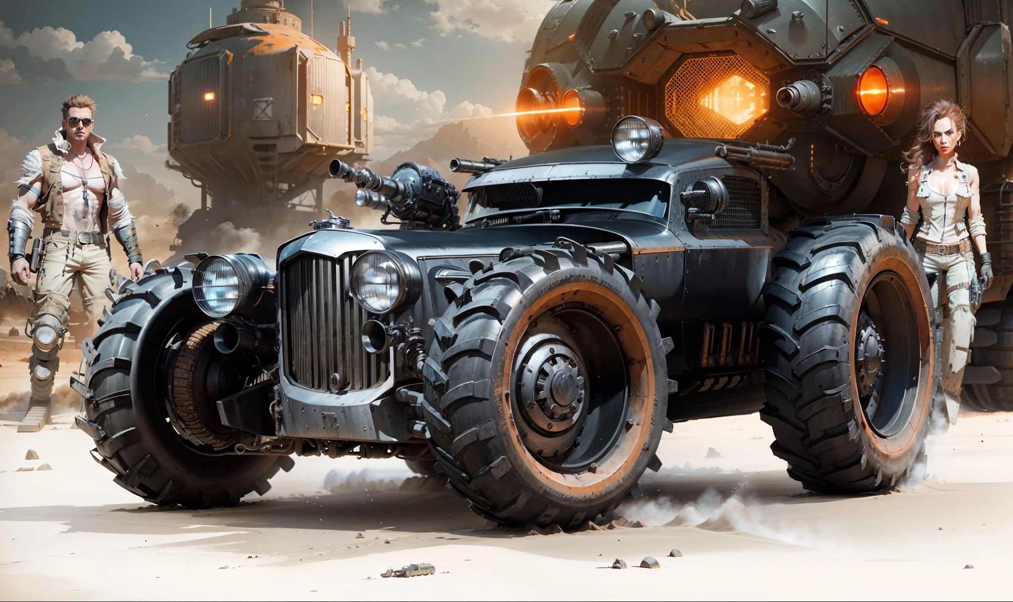 In foregroud an all-powerful Mad Max-style black truck with torpedoes and turbine, behind a futuristic building in an orange Mad Max environment