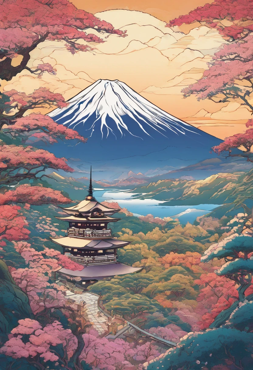 Mount Fuji, Honshu Island, (illustration: 1.0), epic composition, realistic lighting, high-definition detail, masterpiece, best quality, (very detailed CG unified 8k wallpaper), 1 man