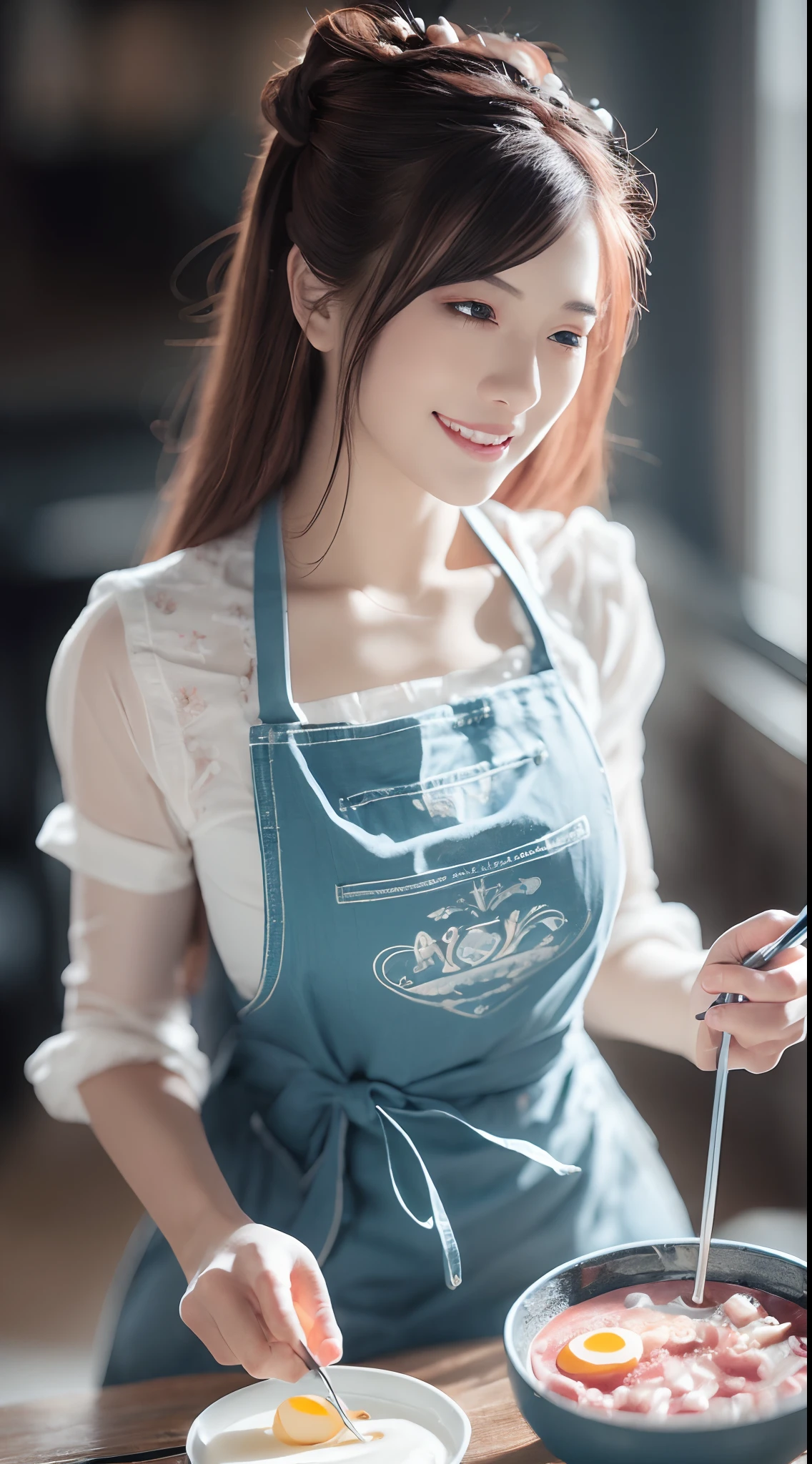 (Best quality,Ultra-detailed,Realistic:1.37),sliver long hair,Fantastic blue eyes,Happy woman beating eggs with chopsticks,Soft lighting,pink apron,illustration