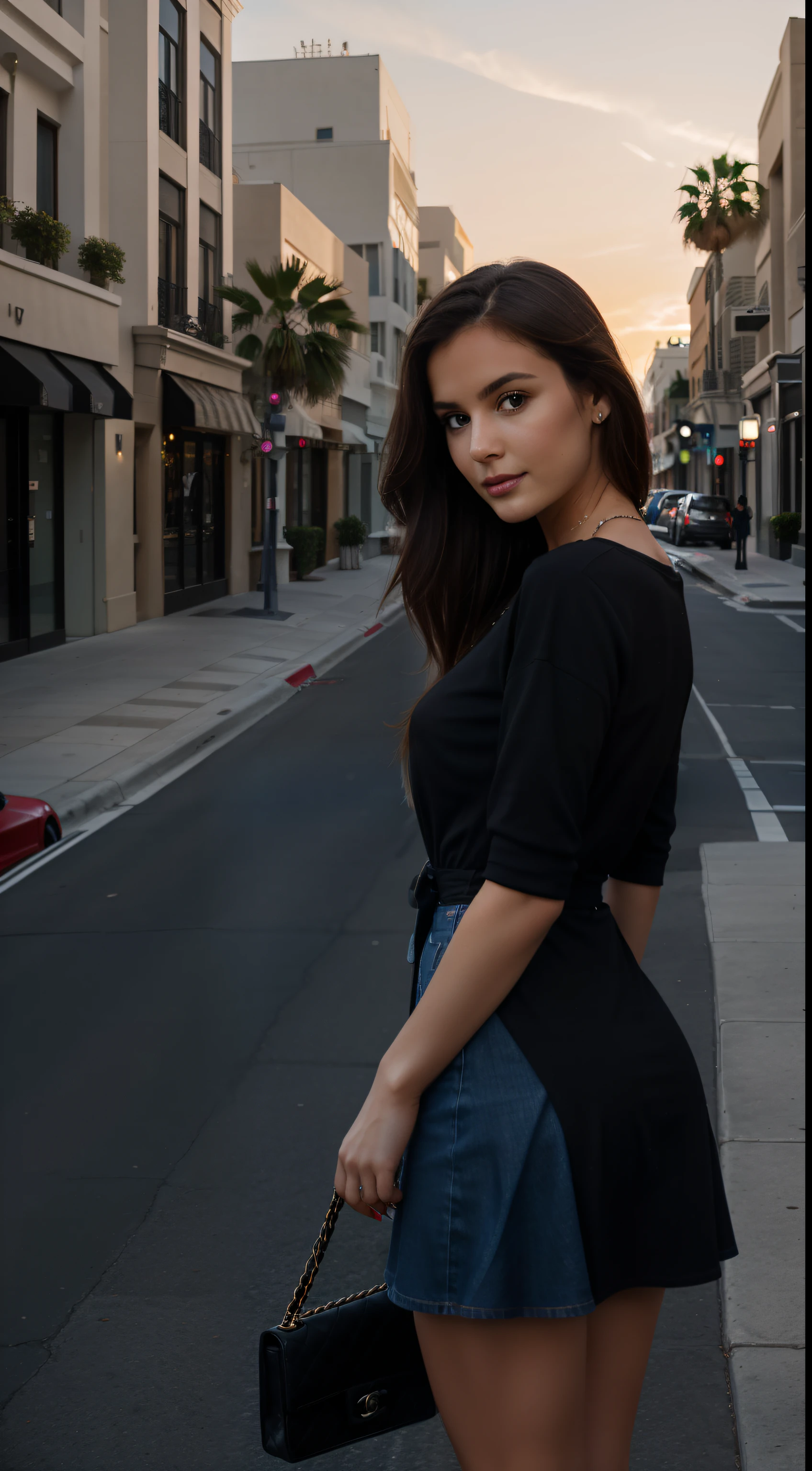 hyper realistic photograph, cute girl, 30 years old, blond har, jeans, 64k, masterpiece, sharp photo, looking at the viewer, dark brown hair, holding a Chanel bag, wearing tight shirt, Rodeo Drive street behind her, Beverly Hills behind, dark brown medium hair, perfect body, model looking, realistic photo of a girl, wearing little black dress, dark outside, right after sunset