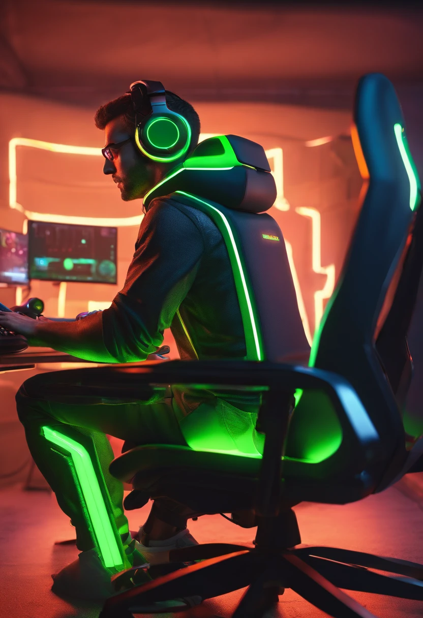 Man wearing headphones in front of the computer playing video games sitting in a gaming chair, dark background with neon green details