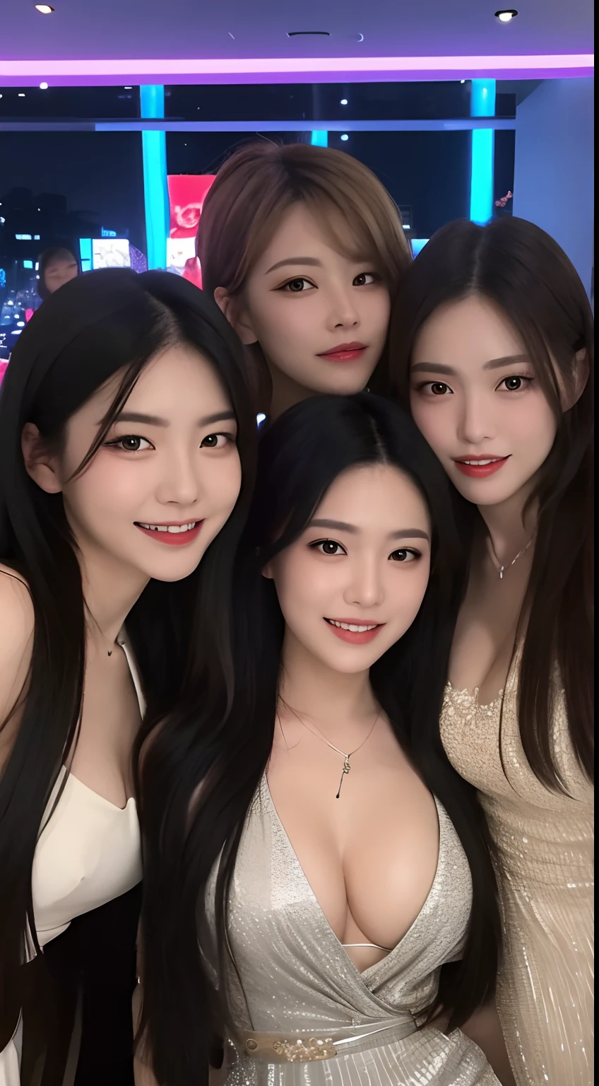 masterpiece, Best Quality, Illustration, Ultra-detailed, finely detailed, highest resolution, 8K Wallpaper, Perfect dynamic composition, Beautiful detailed eyes,  Natural Lip, group photo, dinner party putfits, nice dresses and suits, we'll fitting attire, cleavage, Full body, at a night club, g-string, dancing, outfocus background, ((medium sized breast)) ((long black hair)) (without bangs)) smiling, laughing, having fun