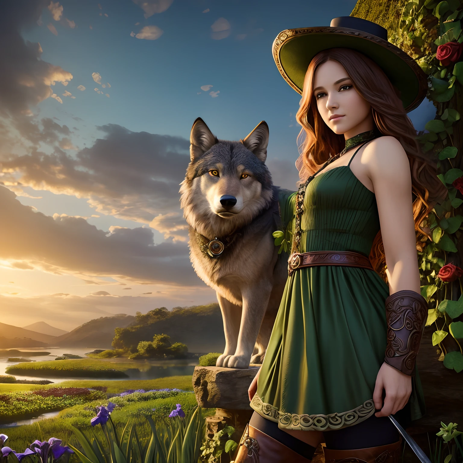 high details, best quality, 8k, [ultra detailed], masterpiece, best quality, (extremely detailed), dynamic angle, (ultra wide shot), RAW, photorealistic, fantasy art, dnd art, rpg art, realistic art, a wide angle picture of a female fae ranger and her pet wolf, warrior of nature, fighter of nature, full body, [[anatomically correct]]. dynamic position (1.5 intricate details, Masterpiece, best quality) talking to a wolf (1.6 intricate details, Masterpiece, best quality) in center of rustic village (1.5 intricate details, Masterpiece, best quality), a female wearing (medium length dark green dress) with thigh high leather boots and hat (1.6 intricate details, Masterpiece, best quality), thick hair, long hair, red hair, fair skin intense ((brown)) eyes, small rustic village (1.6 intricate details, Masterpiece, best quality), a stream flowing nearby in the backgraound (1.4 intricate details, Masterpiece, best quality), dawn light, clouds (1.4 intricate details, Masterpiece, best quality), dynamic angle, (1.4 intricate details, Masterpiece, best quality) 3D rendering, high details, best quality, highres, ultra wide angle, celtic fantasy, (clovers), poison ivy, fae, wearing green tophat, pixie, fairy, celtic, celtic fantasy art, celtic fantasy, beautiful fairie, beautiful fairy, very beautiful fantasy art, Autumn, beautiful autumn spirit, fall season, (Dark colored roses), perfect creation, perfect art, highly detailed, detailed art, masterpiece, perfect creation, perfect art, (outlined iris), ((perfect eyes)), --auto