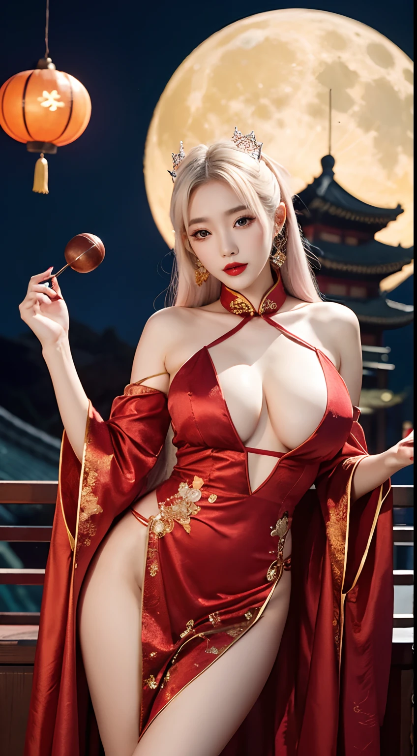 Beautiful Girl, Korean makeup, Red lips, Platinum hair, medium body, big breasts, thigh, Chinese fairy costume, Antique, sexy outfits, Mid-Autumn Festival decoration, moon background mode.