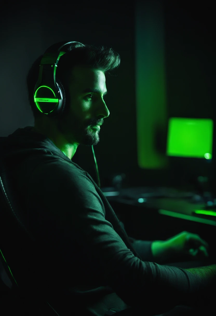 Man wearing headphones in front of the computer playing video games sitting in a gaming chair, dark background with neon green details