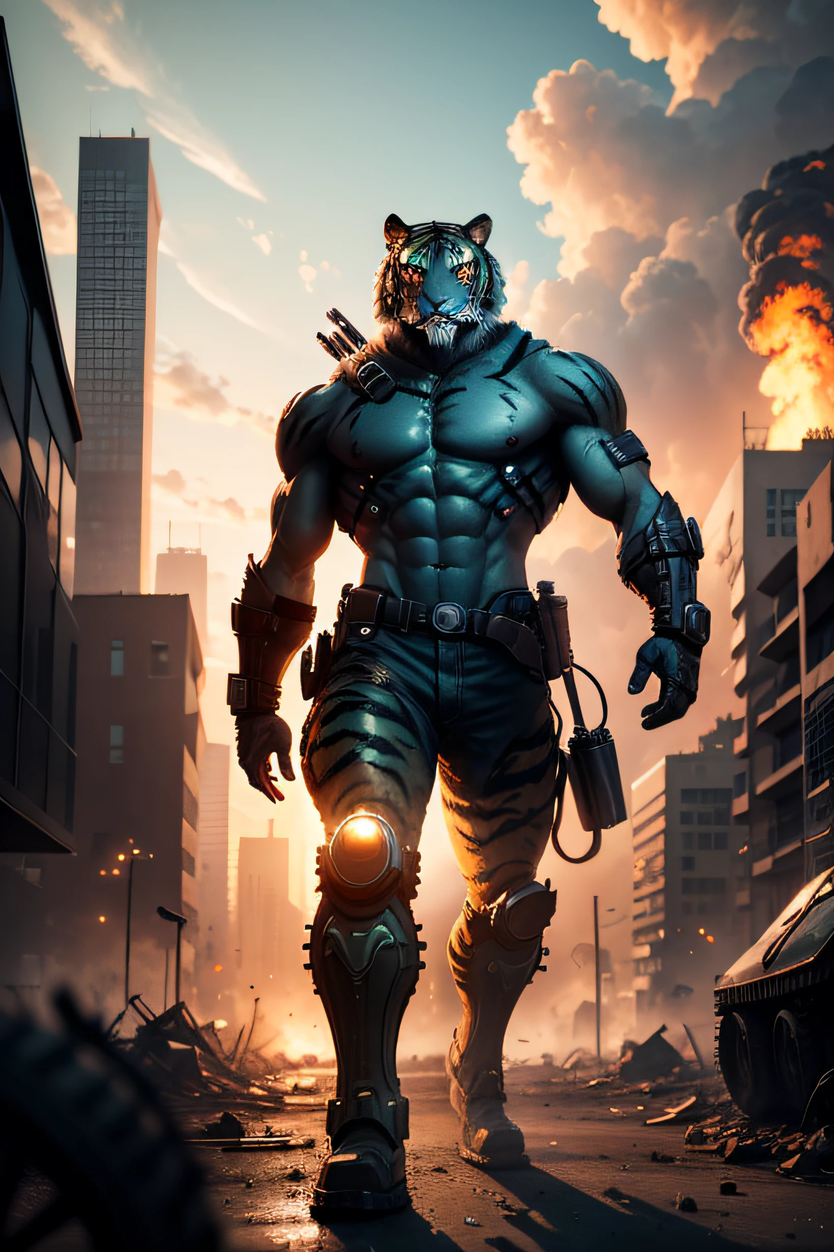 Fight an android tiger in a post-apocalyptic city, Destroyed buildings and burning tanks are visible in the background