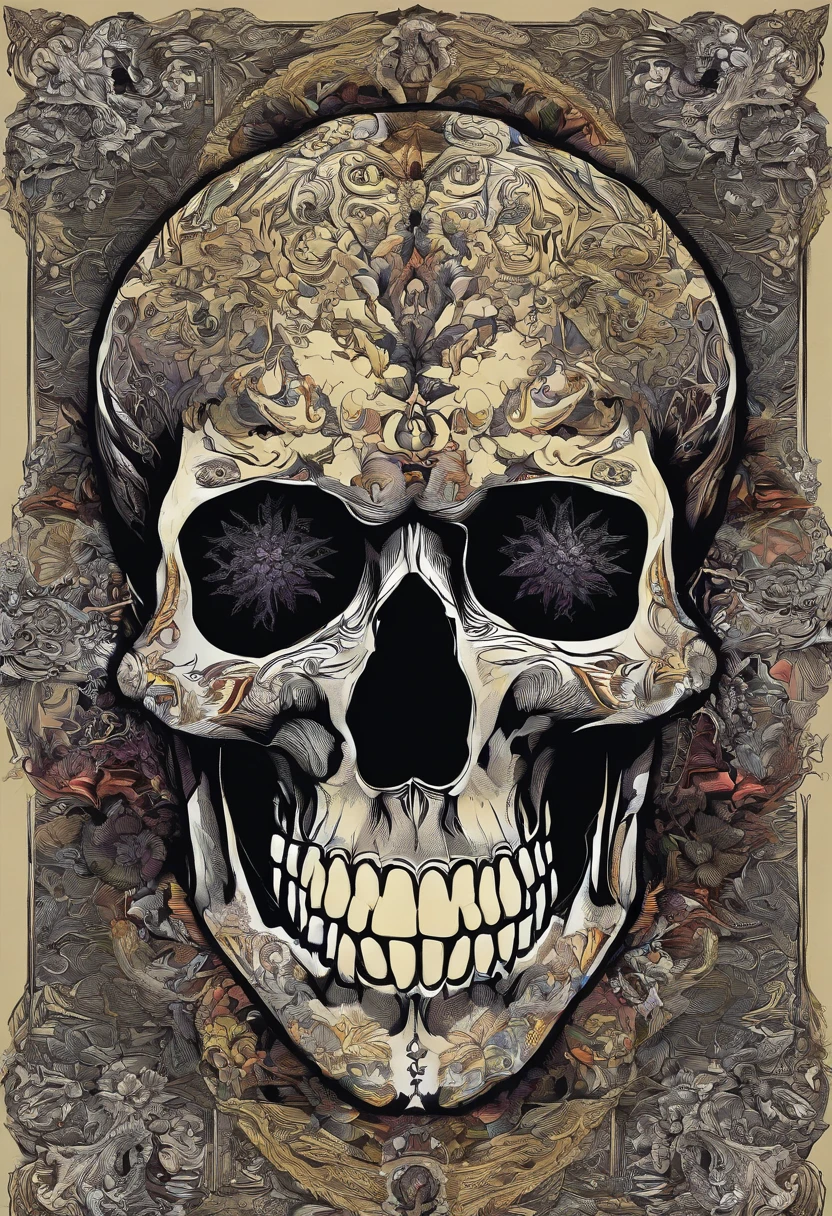 Caveira de frente, centralizada na folha, fundo preto, desenho de camiseta, vetorizada tem,