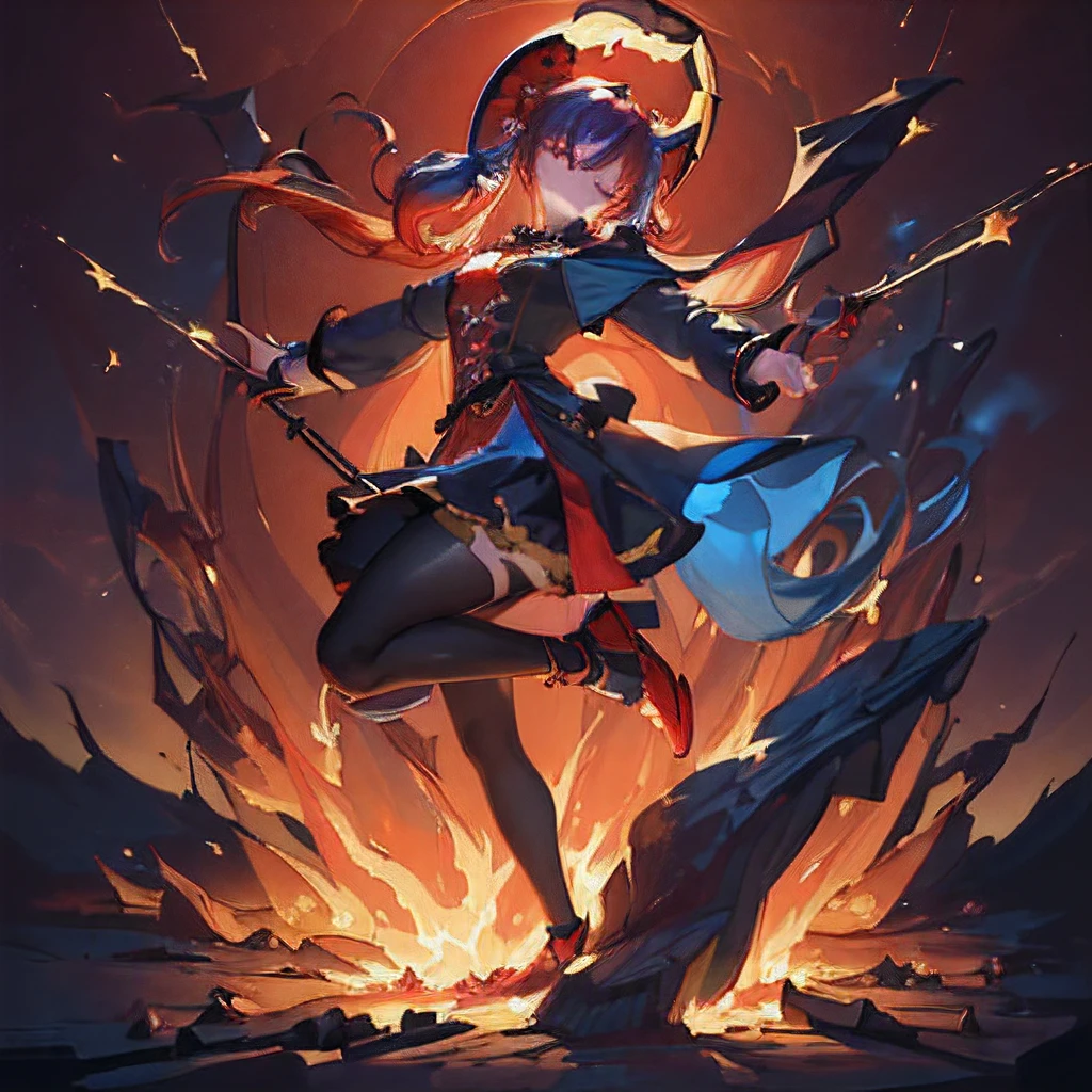 (((masterpiece, best-quality)), ((8k)), (1 girl), (solo female), (detailed face :1.2) ,(doing fire magic :1.3, (dynamic pose), (beautiful closed eyes :1.2), pigtails hair, (two color hair, red and blue hair color :1.3), full body, witch outfit, black pantyhose, happy, witch hat with gold accessories, perfect illumination, (dark cave background :1.2)