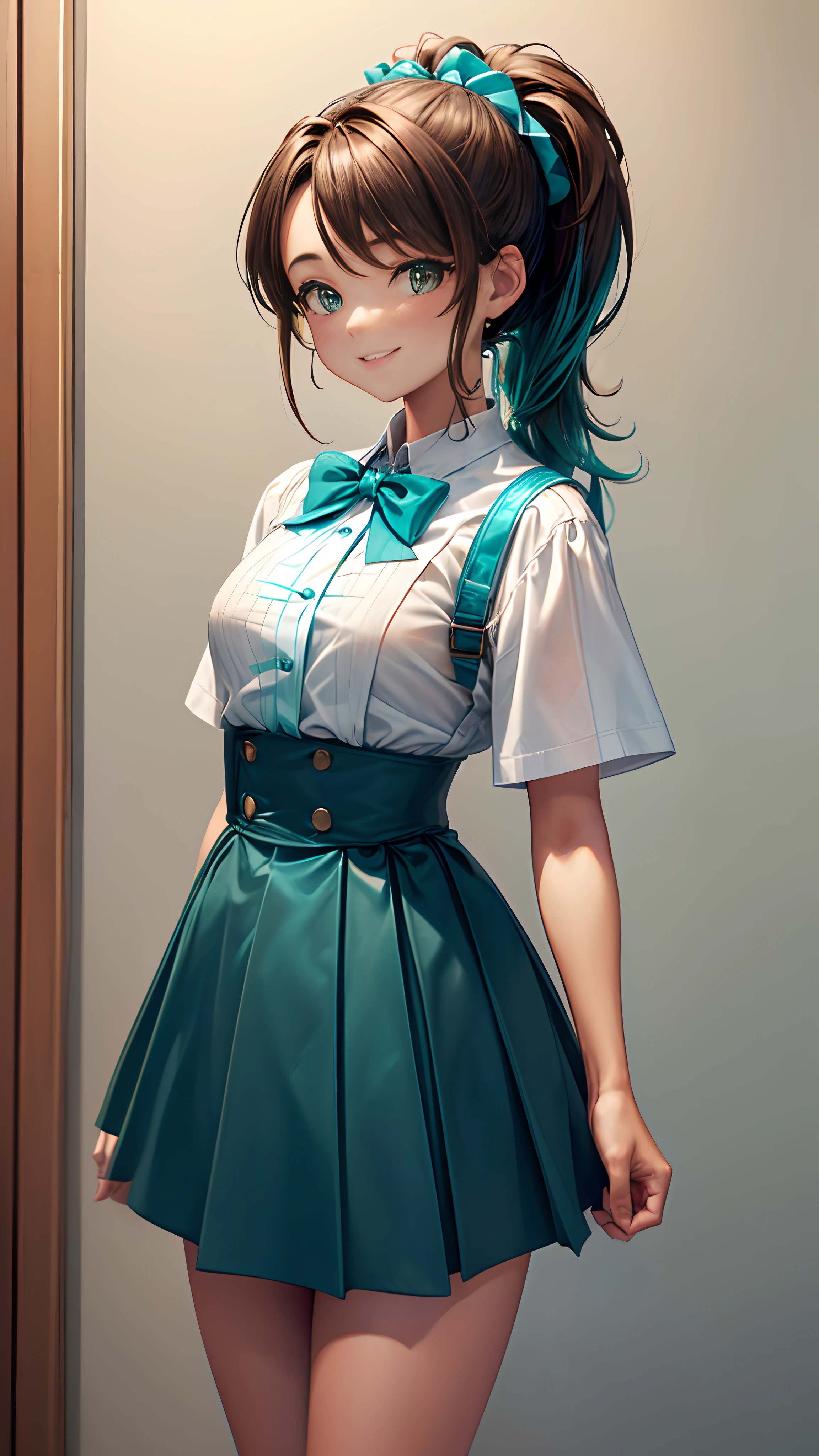 1womanl,12year old,Brown hair,Beautiful ponytail hairstyle, (Teal High Waist Mini Skirt:1.3),, (whiteshirt:1.3), (double-breasted,Underbust:1.2), Short sleeves, buttonGap,A smile,small tits,Sweaty shirt,Sweat on the thighs,