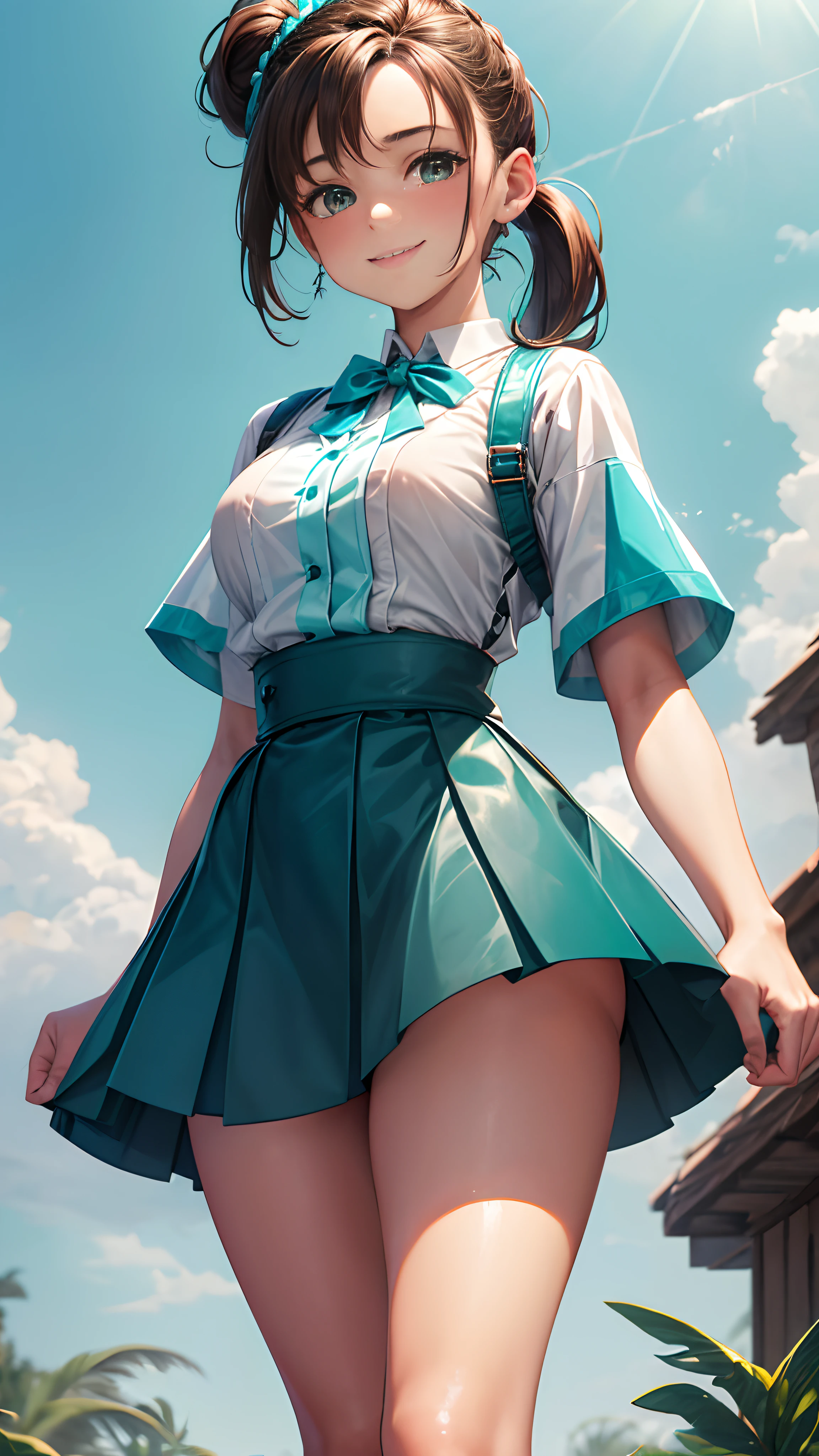 1womanl,ar old,wn hair,Beautiful ponytail hairstyle, (Teal High Waist Skirt:1.3),, (whiteshirt:1.3), (double-breasted,Underbust:1.2), Short sleeves, buttonGap,A smile,small tits,