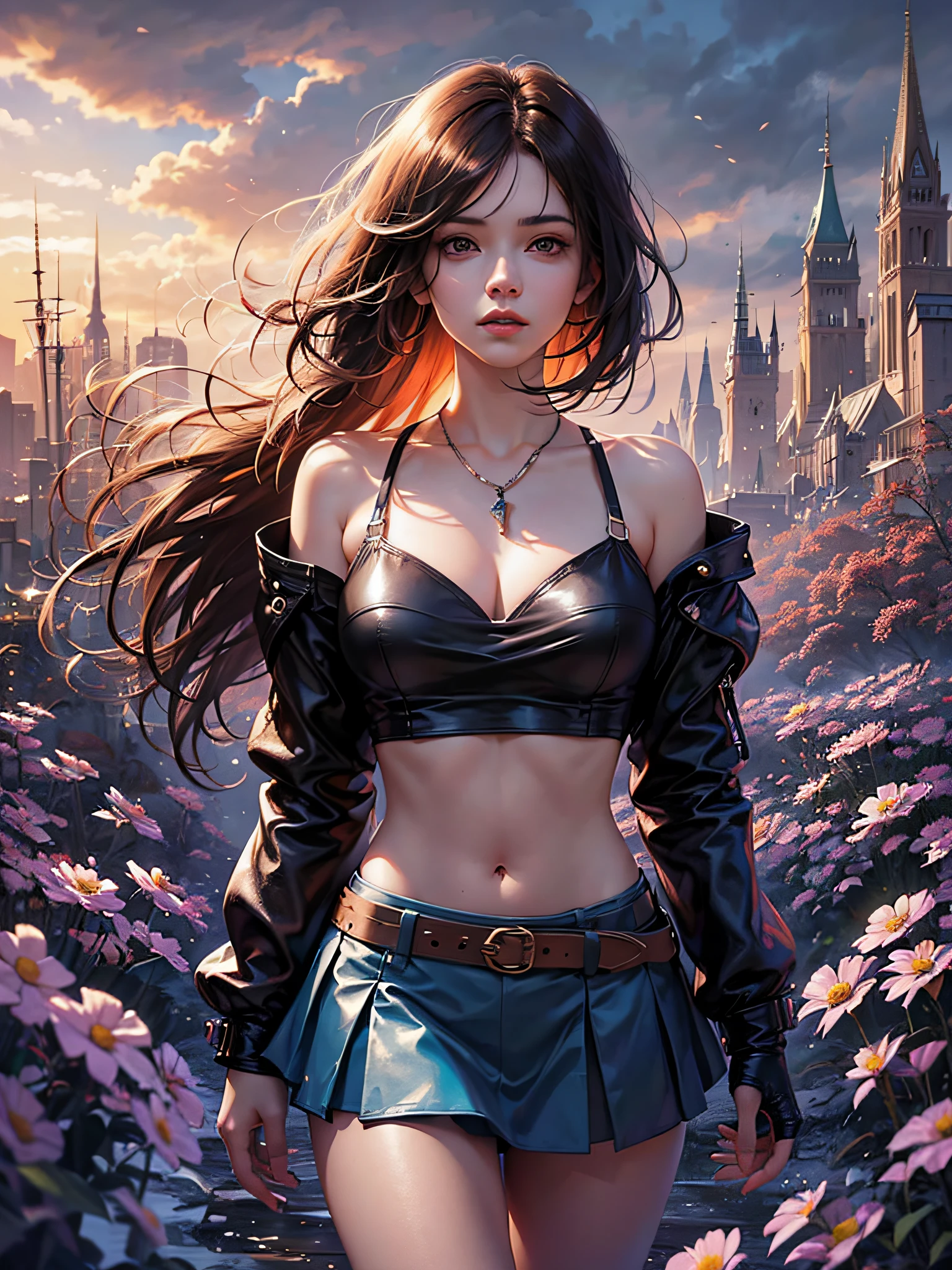 a historic young beautiful character, wearing a crop top with short skirt, looking at viewer, maroon cream black vintage, sunset, soft body, flowing hair, wild flowers, the start of spring, Shadow play, top view, light, mist, moody, glossy brown hair, earthy, vivid, red, purple, blue, cinematic, Film light, Hyper detailed, Hyper realistic, masterpiece, atmospheric, High resolution, Vibrant, High contrast, dark angle, art by Koos Roos, 8k, HDR, 500px