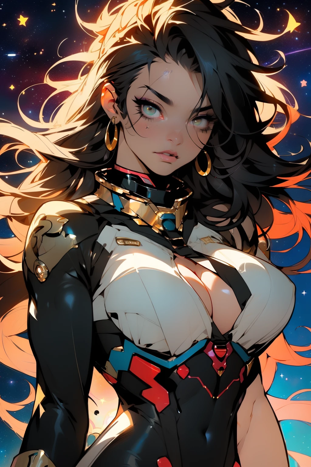 ((Best quality)), ((masterpiece)), (detailed: 1.4), (Absurd), muscular woman of 35 years, black kinetic skin with (((exposed black muscles)))), hot woman, closed mouth, whole body covered by Genesis evangelion neon style clothing, (((large breasts)), big tits, huge boobs, (eyes with heavy and very black makeup), (((unkempt hair)), (stars covering the body), ((drawings of golden stars on the arms)), very long eyelashes, heavy eye makeup, lots of jewelry, by mucha, niji --V5, close to real, psychopath, crazy face, sexy pose, 2 piece clothes, pastel, centered, scale to fit the dimensions
