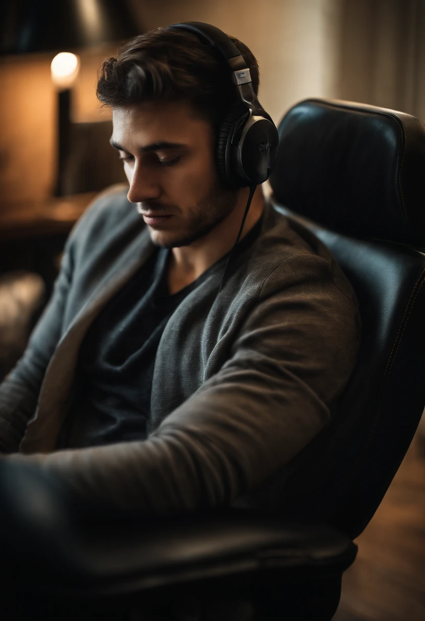 Man wearing headphones in front of the computer playing video games sitting in a gaming chair
