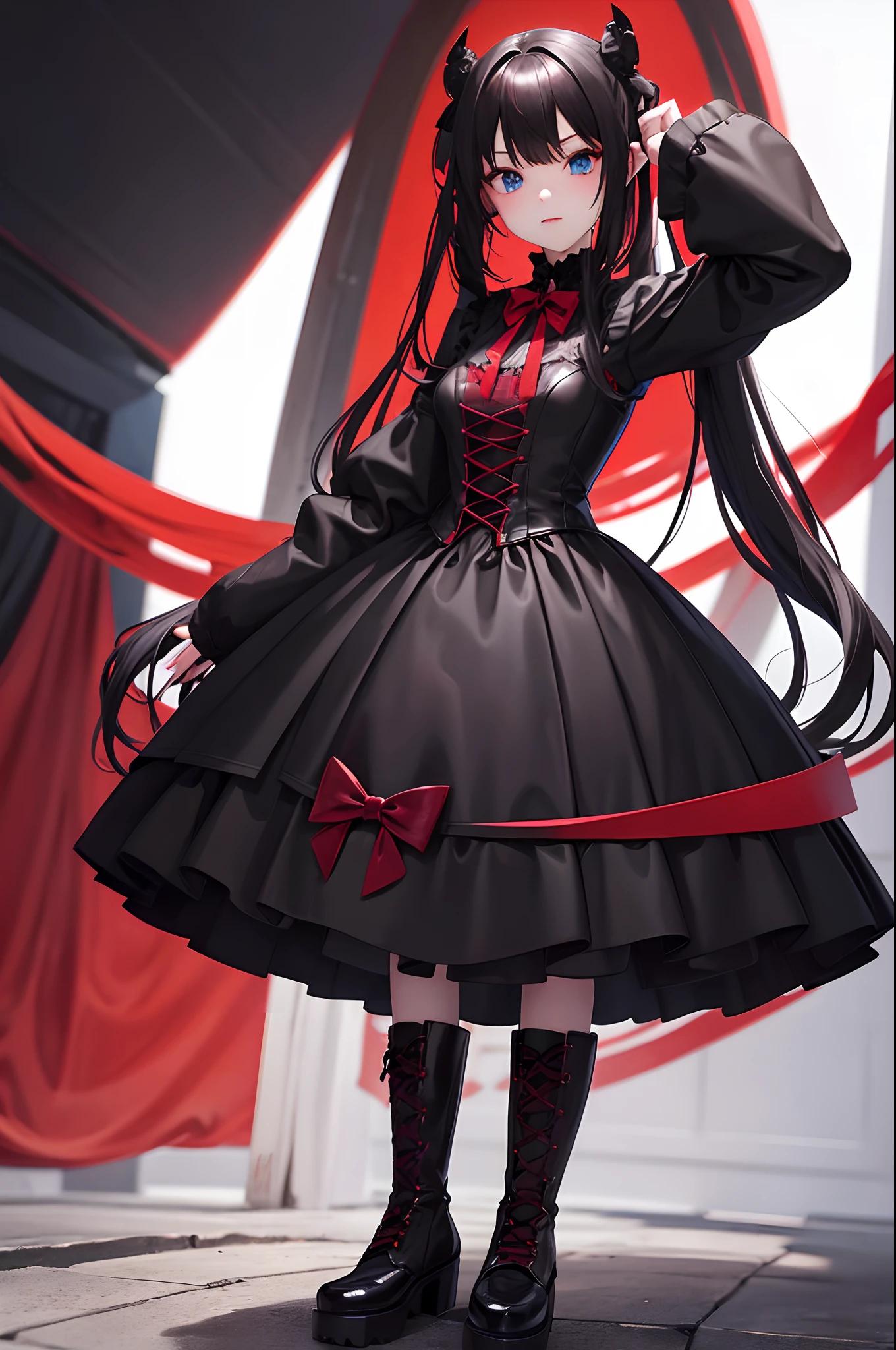 Wearing a red Gothic dress, Wearing black latex gloves, Cute Japan girl face, Sanpaku's blue eyes, slender, The whole body is shown, A dark-haired, Medium Long Hairstyles, Wear lace-up boots, pale complexion, Red Eyeliner, double tooth, Best Quality