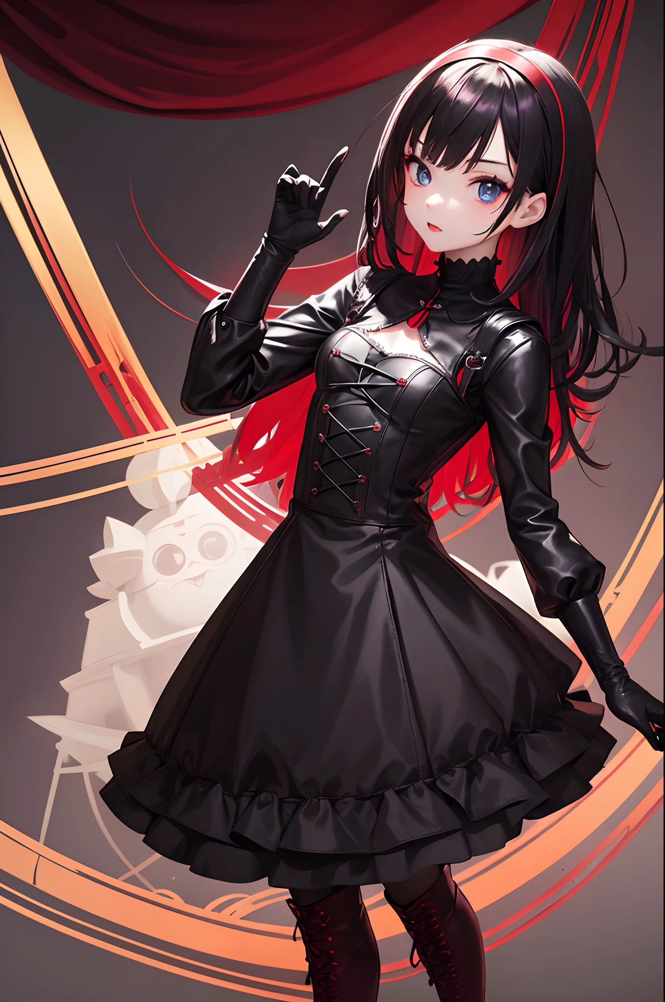 Wearing a red Gothic dress, Wearing black latex gloves, Cute Japan girl face, Sanpaku's blue eyes, slender, The whole body is shown, A dark-haired, Medium Long Hairstyles, Wear lace-up boots, pale complexion, Red Eyeliner, double tooth, Best Quality