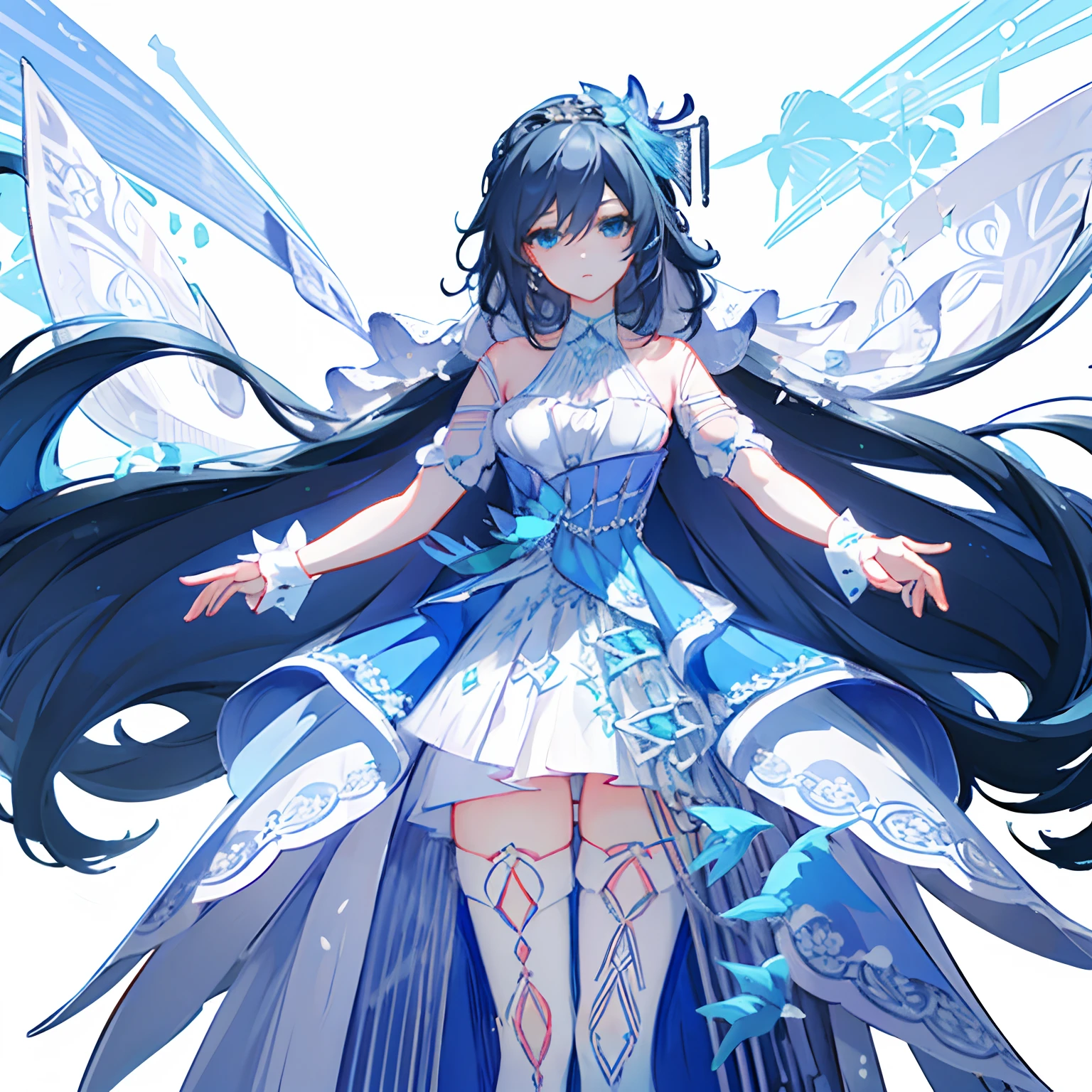 masterpiece, best quality,1girl,solo, Fu Hua\(Cerulean Court\),white background, hair over right eye ,eye visible through hair,hair ornamet, wedding dress,white high heels,thighhighs, full body, (church:1.2),looking at viewer, big breasts,