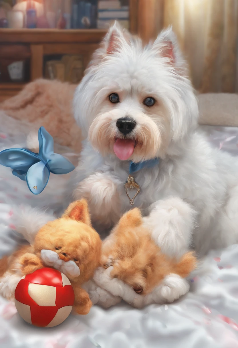 A mixed cat and dog: playful cat chasing a tennis ball, wagging dog tail, curious cat ears, fluffy dog fur, mischievous cat eyes, friendly dog nose, cat and dog friendship, indoor setting, vibrant colors, realistic fur textures, high-resolution and fine details, soft lighting, pet owners' delight, joyful atmosphere, furry companions, cozy home. [cat-like eyes], [dog with wagging tail], (vivid colors), (high resolution), (soft lighting), (realistic fur textures)