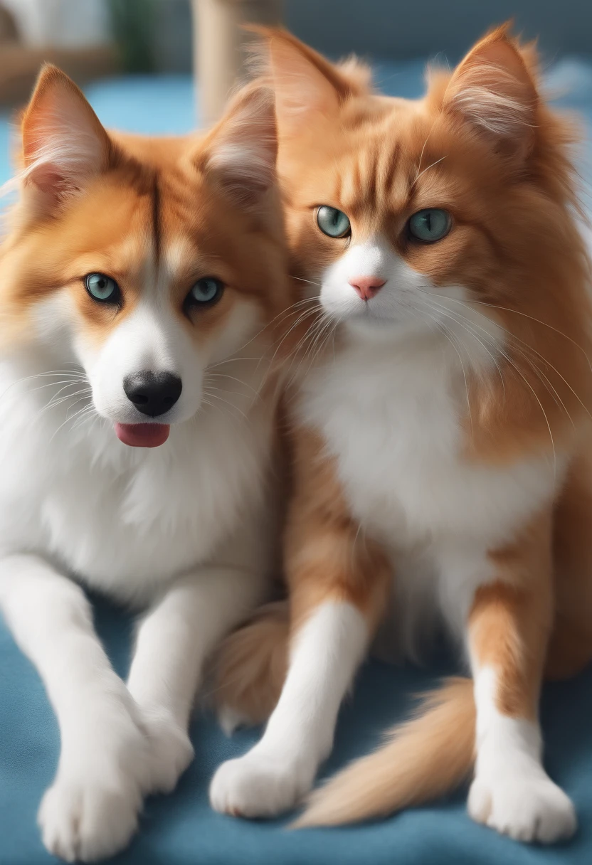 A mixed cat and dog: playful cat chasing a tennis ball, wagging dog tail, curious cat ears, fluffy dog fur, mischievous cat eyes, friendly dog nose, cat and dog friendship, indoor setting, vibrant colors, realistic fur textures, high-resolution and fine details, soft lighting, pet owners' delight, joyful atmosphere, furry companions, cozy home. [cat-like eyes], [dog with wagging tail], (vivid colors), (high resolution), (soft lighting), (realistic fur textures)
