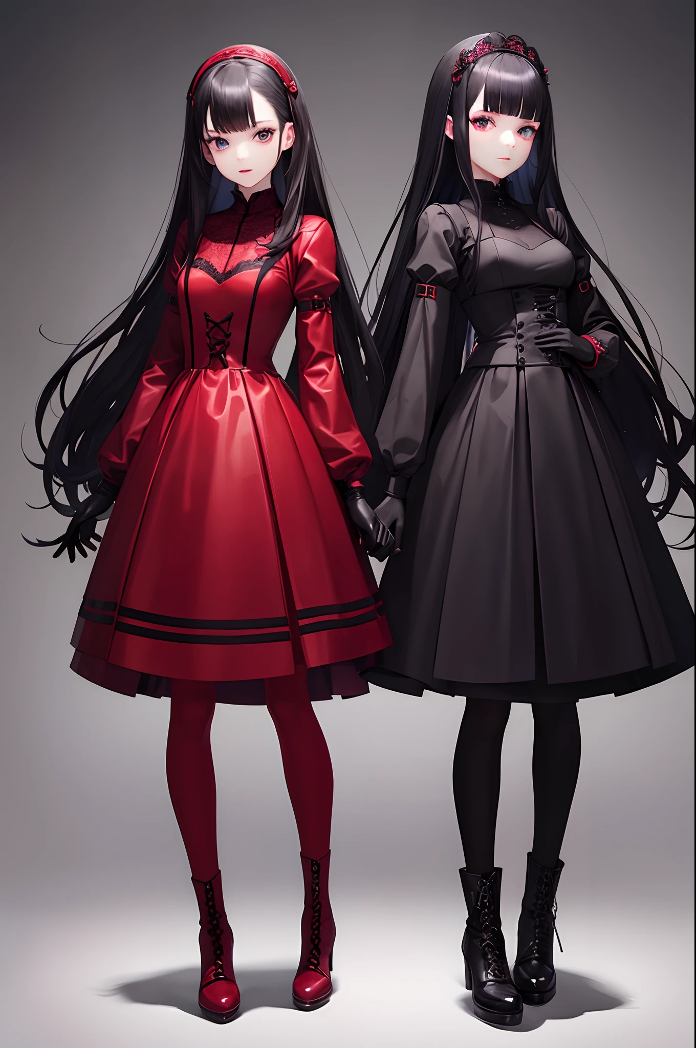 Wearing a red Gothic dress, Wearing black latex gloves, Cute Japan girl face, Sanpaku's blue eyes, slender, The whole body is shown, A dark-haired, Medium Long Hairstyles, Wear lace-up boots, pale complexion, Red Eyeliner, double tooth, Best Quality