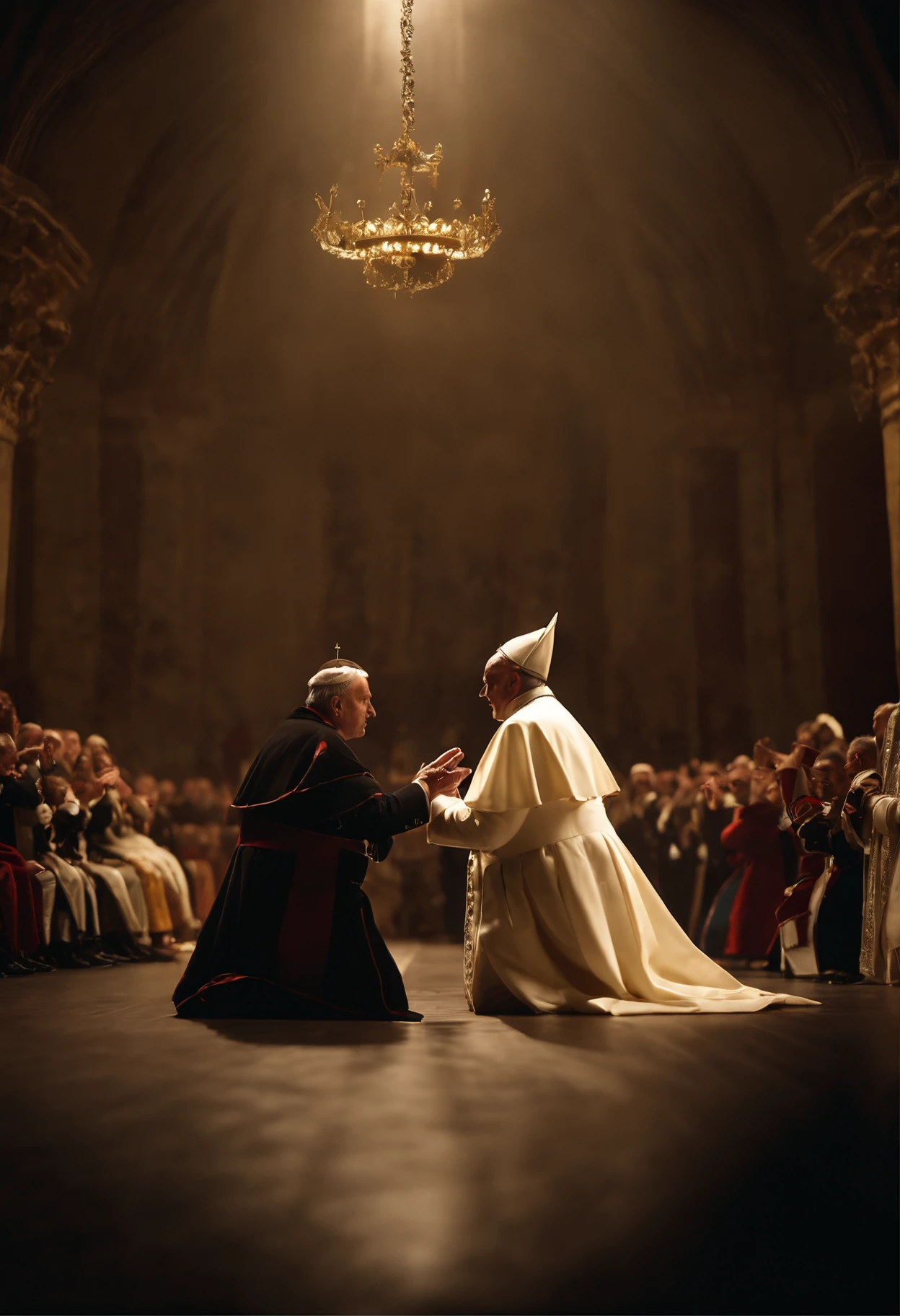 Start with a representation of the coronation ceremony, with the pope holding the crown and Napoleon before him. You can show the tension in the air, with politicians and church members watching. Highlight the moment when Napoleon takes the crown from the hands of the pope, cinemactic