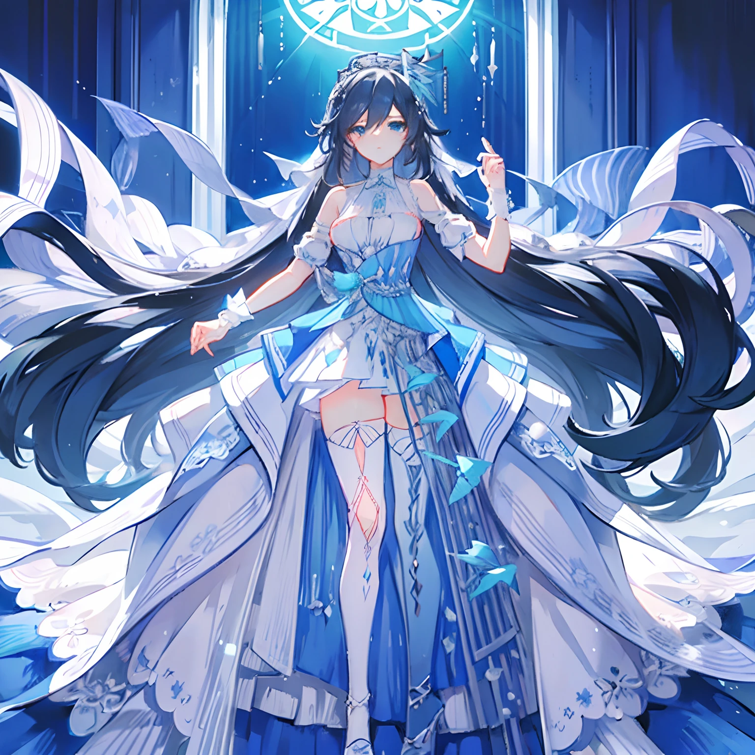 masterpiece, best quality,1girl,solo, Fu Hua\(Cerulean Court\),white background, hair over right eye ,eye visible through hair,hair ornamet, wedding dress,white high heels,thighhighs, full body, (church:1.2),looking at viewer, big breasts,