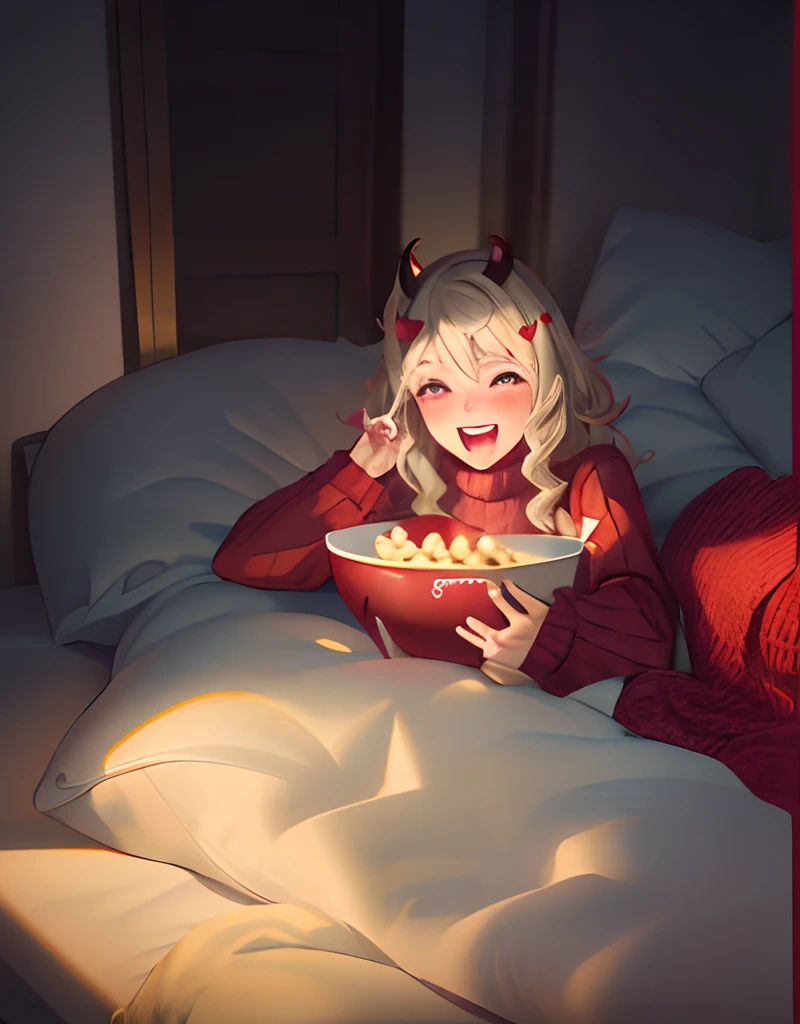 (masterpiece, best quality:1.2), volumetric lighting, cowboy shot, solo, 1girl, htmodeus, blush, open mouth, laughing, happy, looking at viewer, holding bowl of popcorns, heart-shaped pupils, informal, red sweater, turtleneck, sleeves past wrists, black shorts